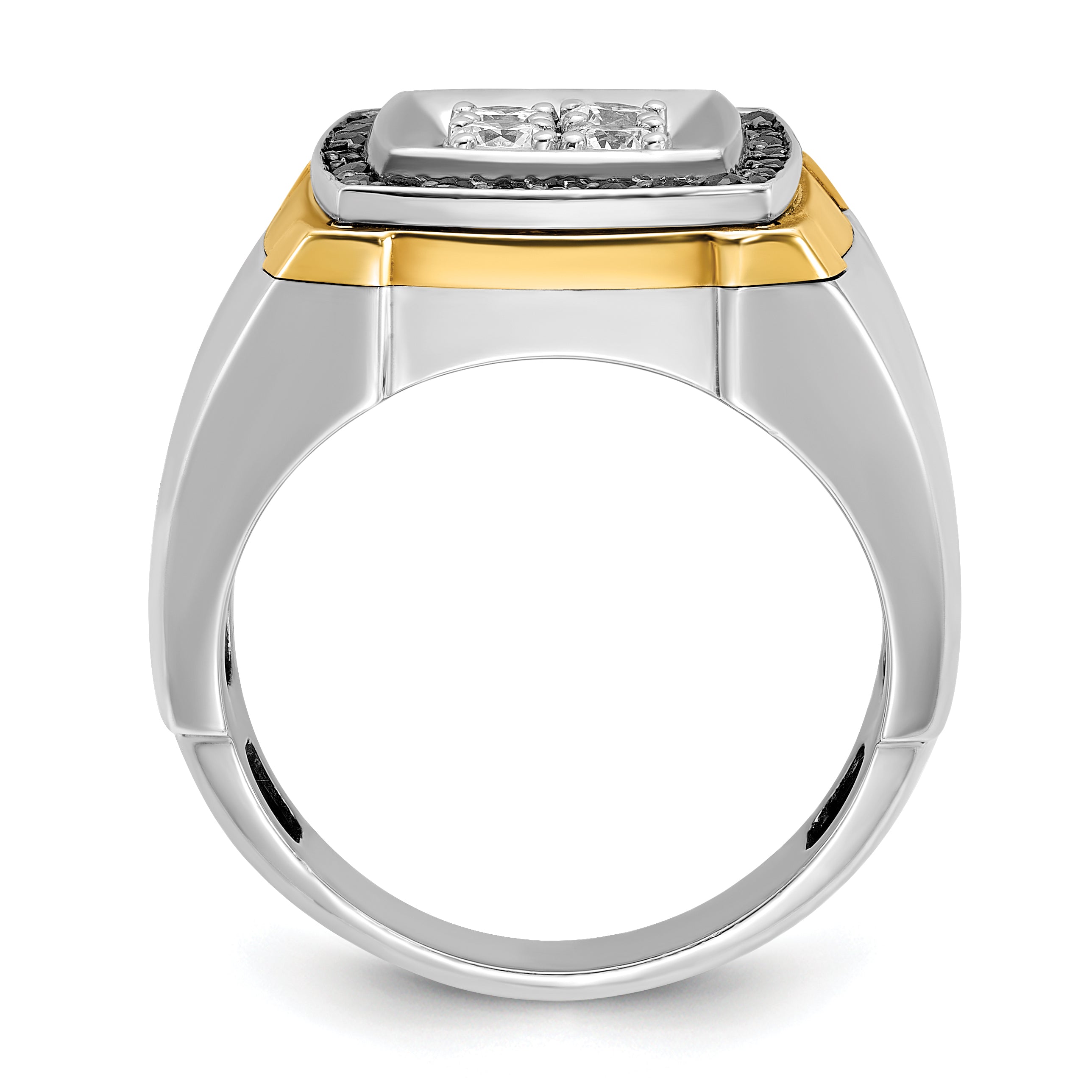 10k Two-tone Men's Polished 3/4 Carat A Quality Black and White Diamond Square Cluster Ring
