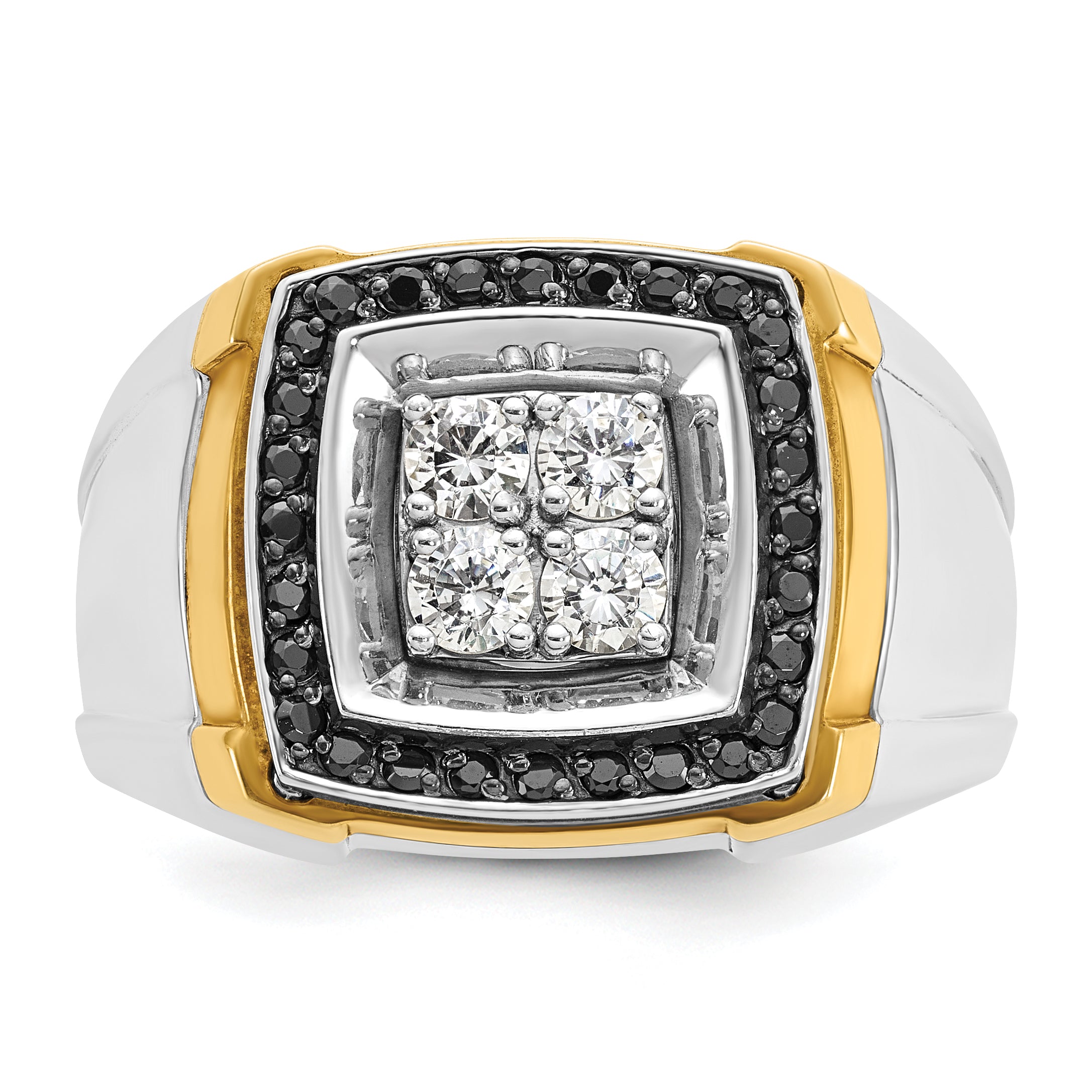 10k Two-tone Men's Polished 3/4 Carat A Quality Black and White Diamond Square Cluster Ring