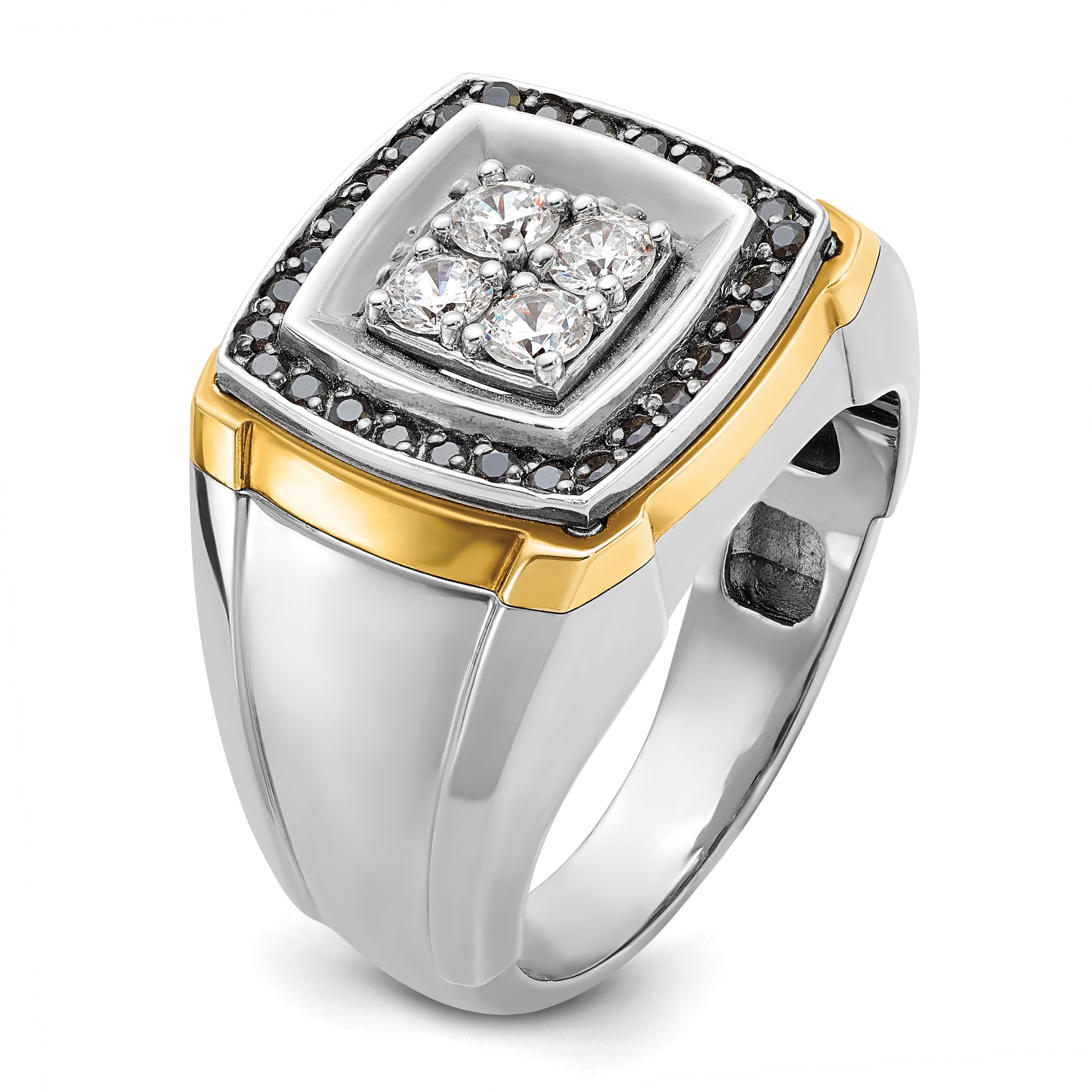10k Two-tone Men's Polished 3/4 Carat A Quality Black and White Diamond Square Cluster Ring