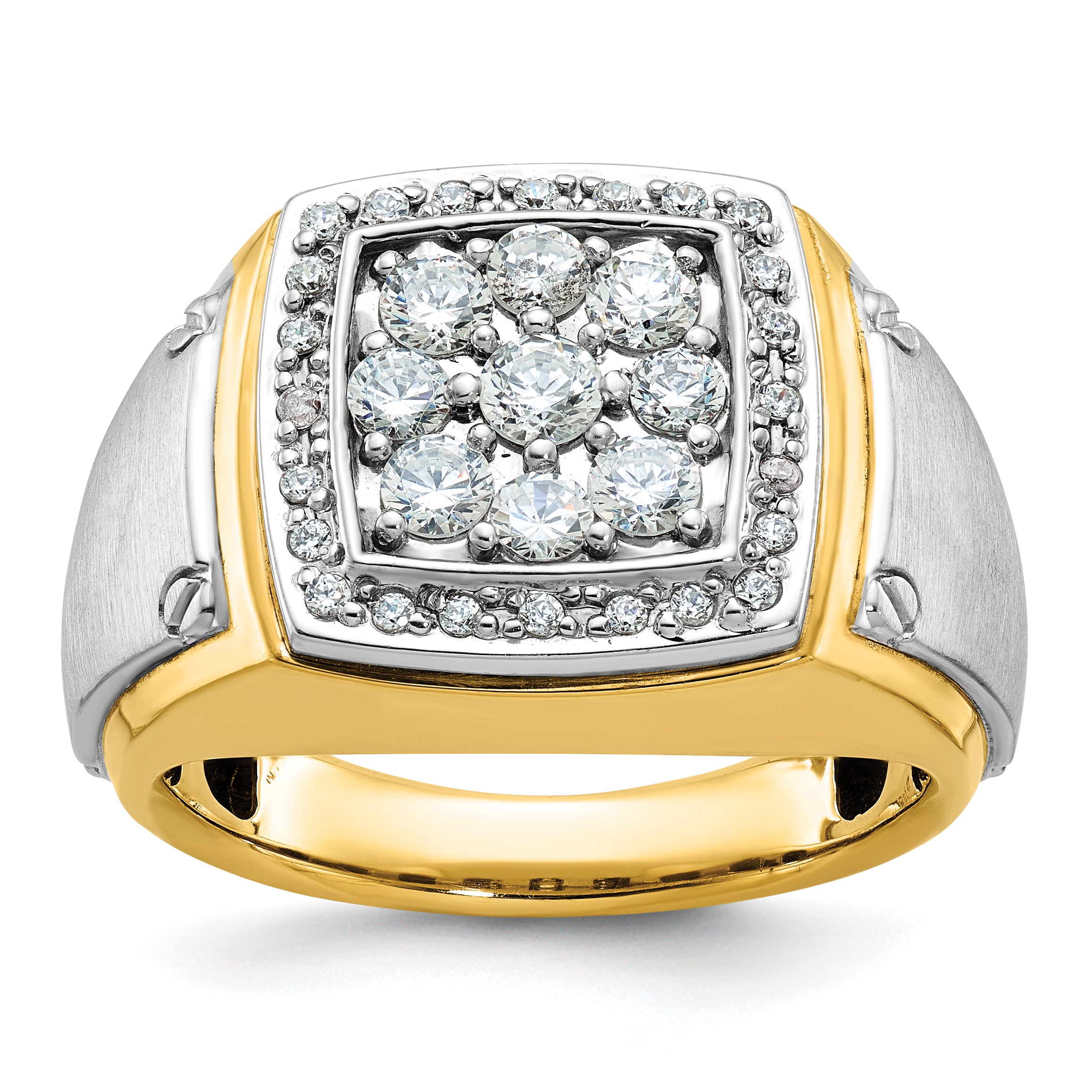 10k Two-tone Men's Polished and Satin 1 Carat A Quality Diamond Square Cluster Ring Main image