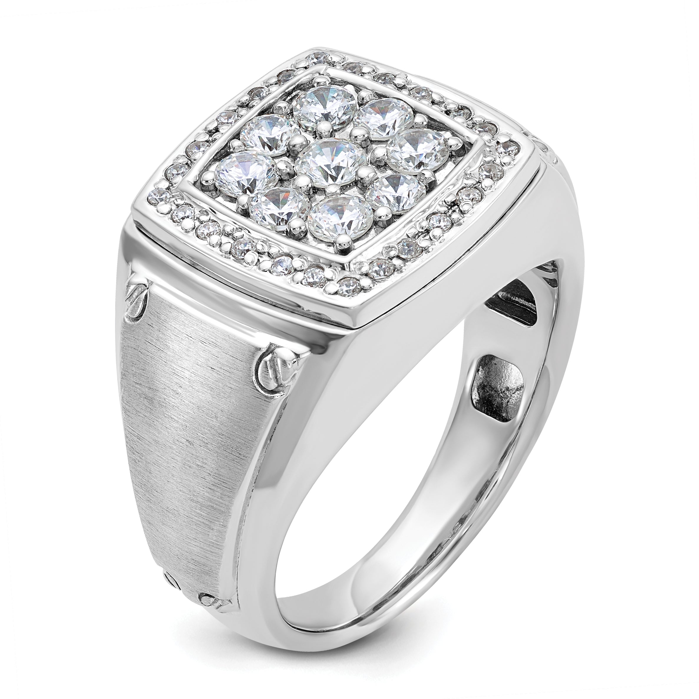14k White Gold Mens Polished and Satin Square Cluster Halo Ring Mounting, Mounting Only - Sophia Jewelers