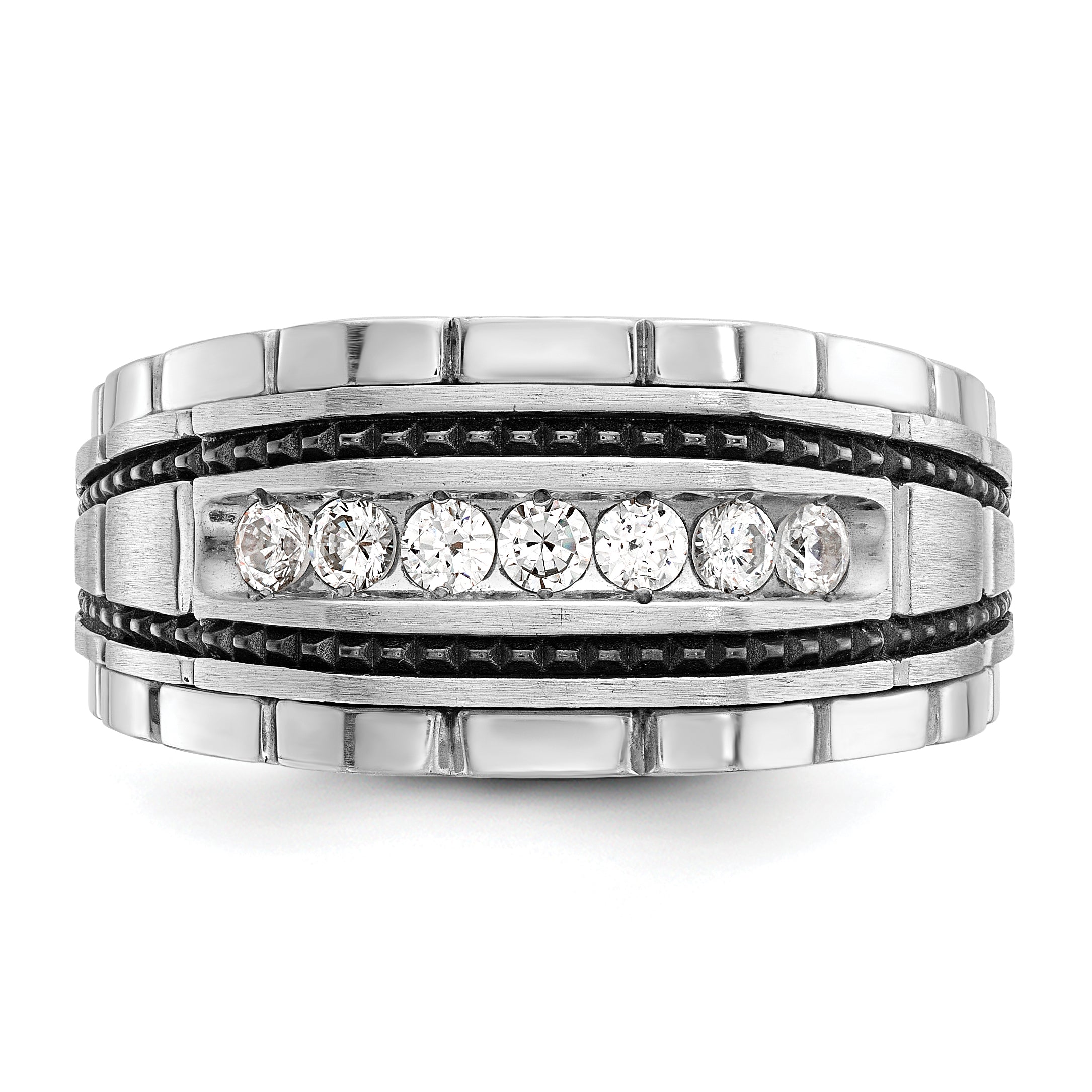 14k White Gold Men's Polished Satin and Textured 7-Stone Ring Mounting, Mounting Only - Sophia Jewelers