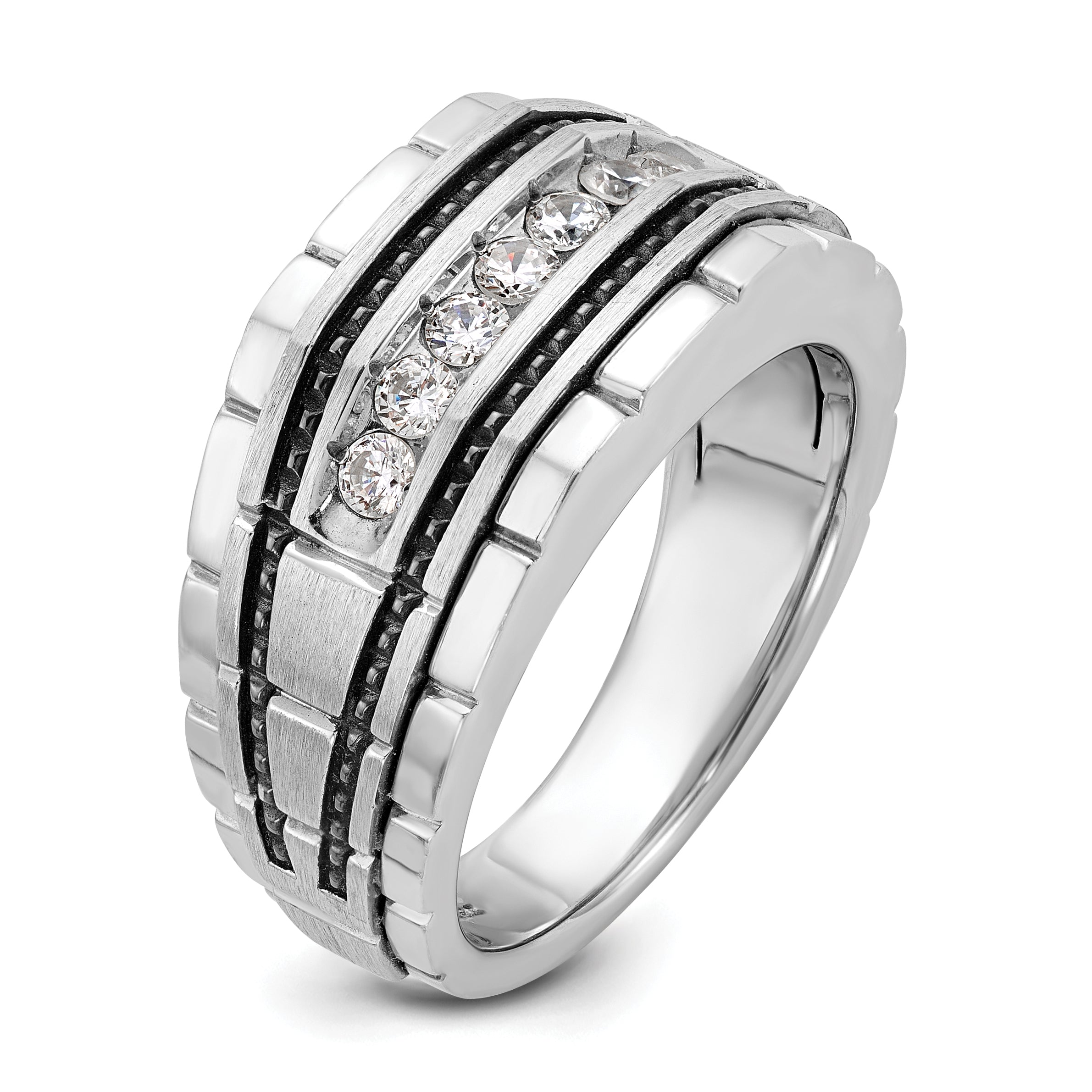 14k White Gold Men's Polished Satin and Textured 7-Stone Ring Mounting, Mounting Only - Sophia Jewelers