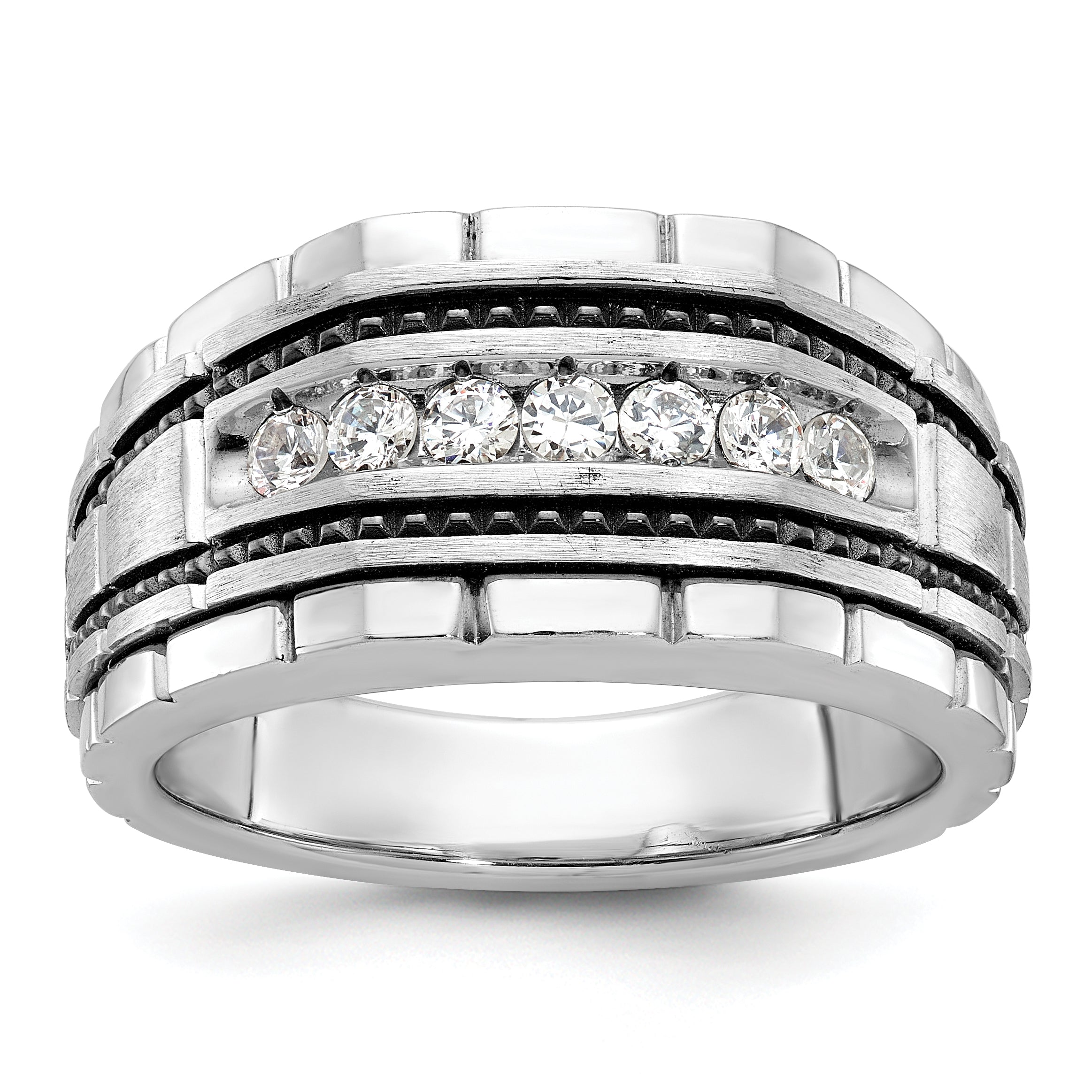 14k White Gold with Black Rhodium Men's Polished Satin and Textured 7-Stone 1/2 Carat AA Quality Dia - Sophia Jewelers