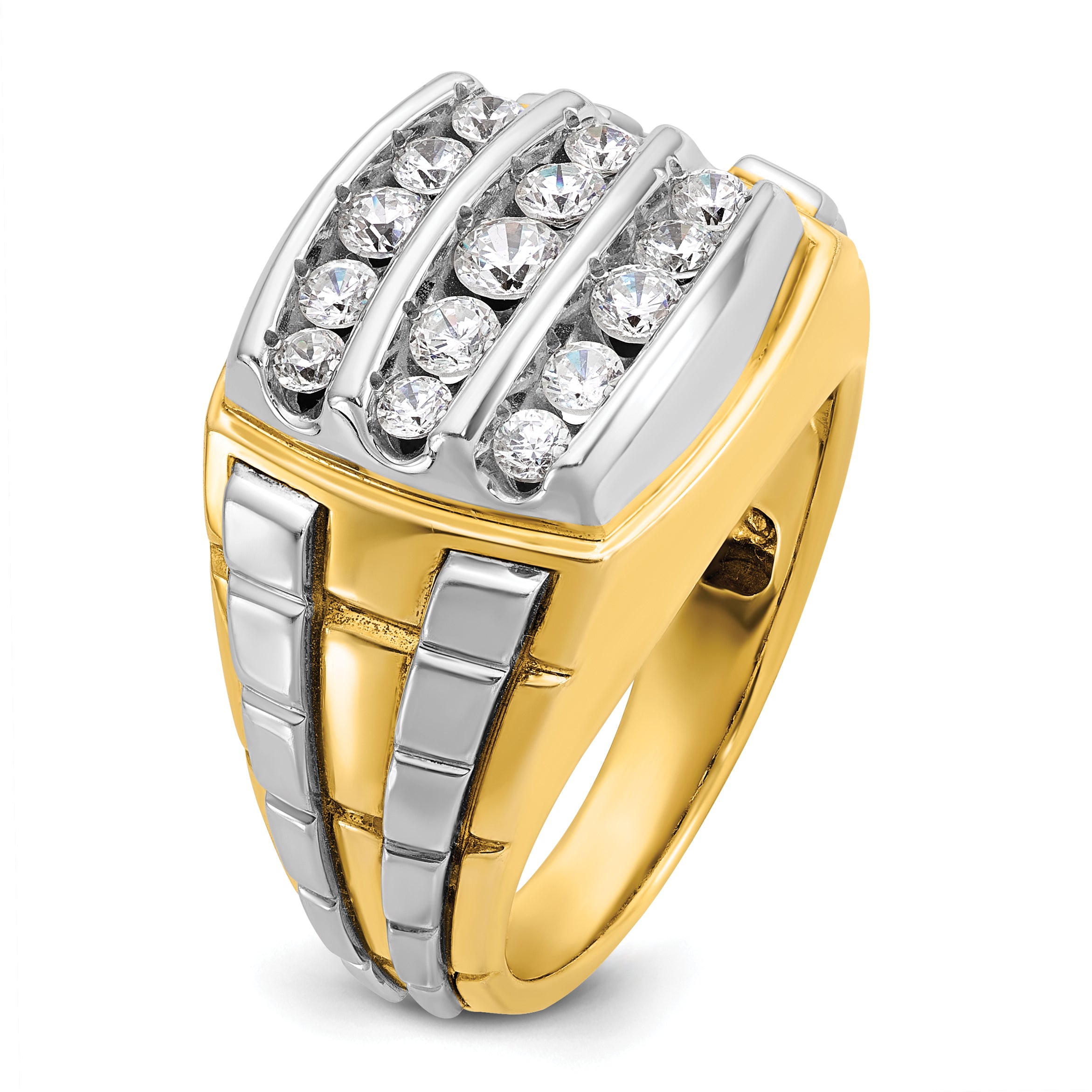 10k Two-tone Men's Polished and Grooved 3-Row 1 Carat A Quality Diamond Cluster Ring