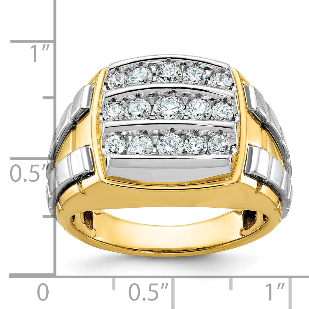 10k Two-tone Men's Polished and Grooved 3-Row 1 Carat A Quality Diamond Cluster Ring