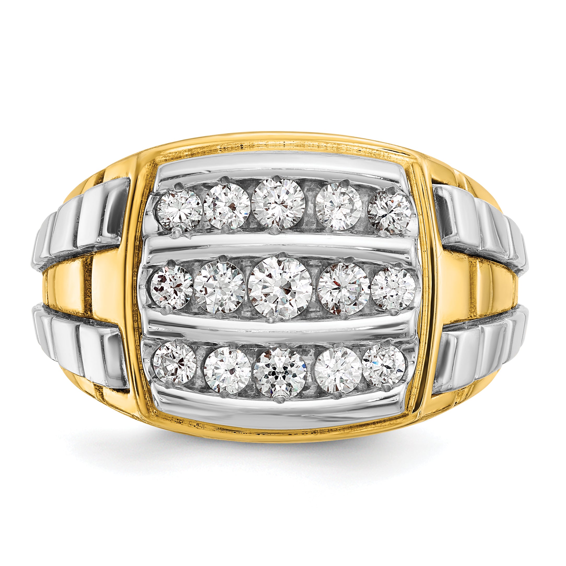 14k Two-tone Men's Polished and Grooved 3-Row 1 Carat AA Quality Diamond Cluster Ring - Sophia Jewelers