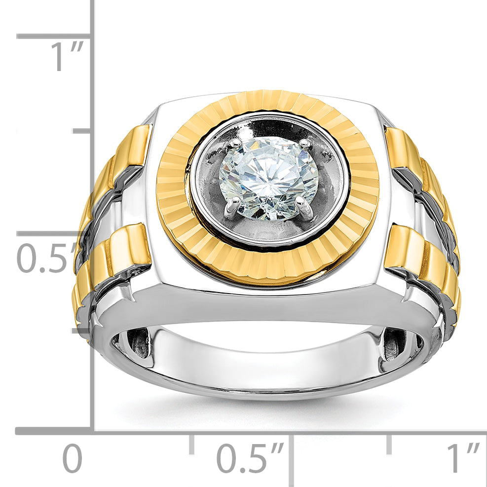 14k Two Tone 1 carat Lab Grown Diamond VS/SI+ G+ Complete Polished Satin and Textured Men's Ring