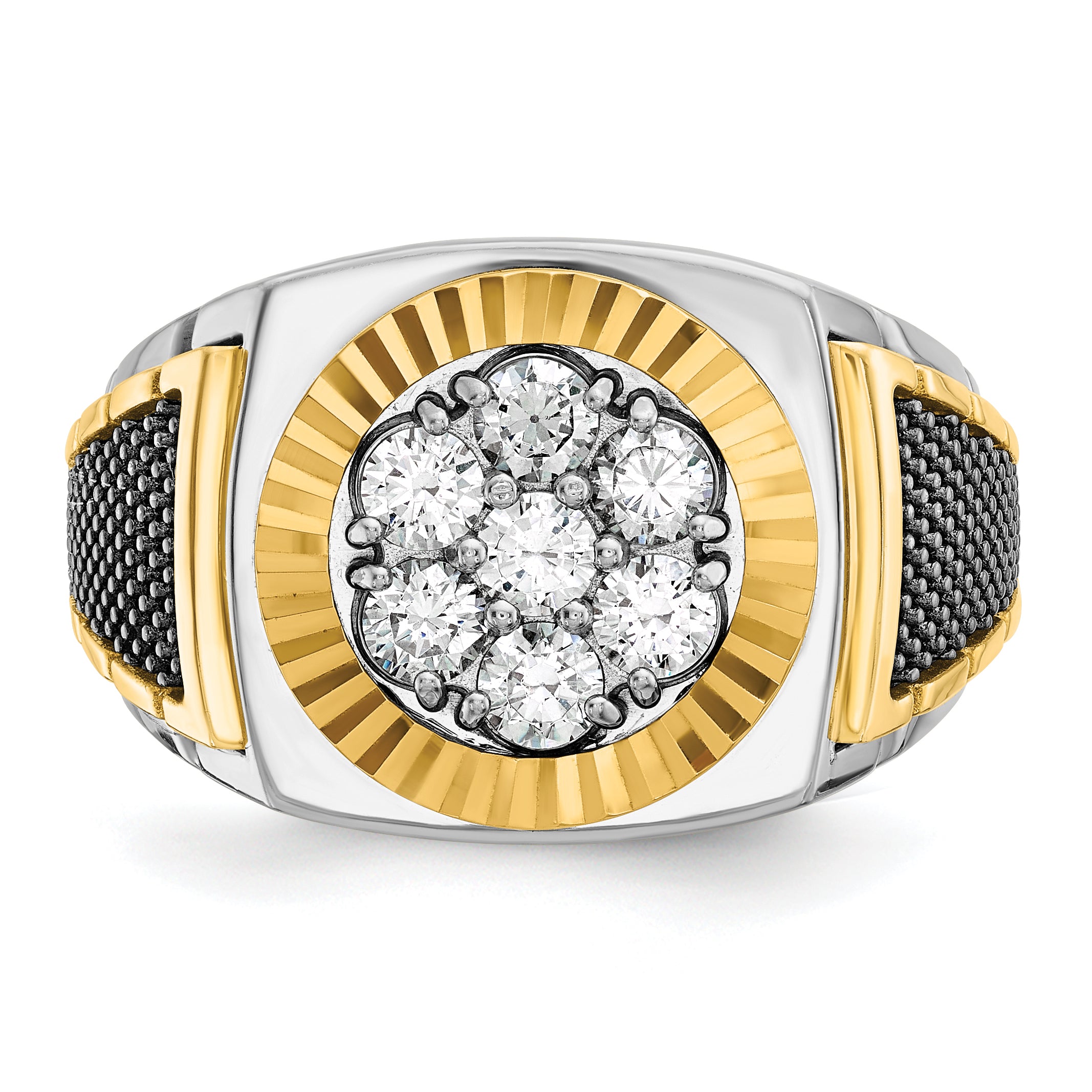 10k Two-tone with Black Rhodium Men's Polished Textured and Diamond-cut 1 Carat A Quality Diamond Round Cluster Ring