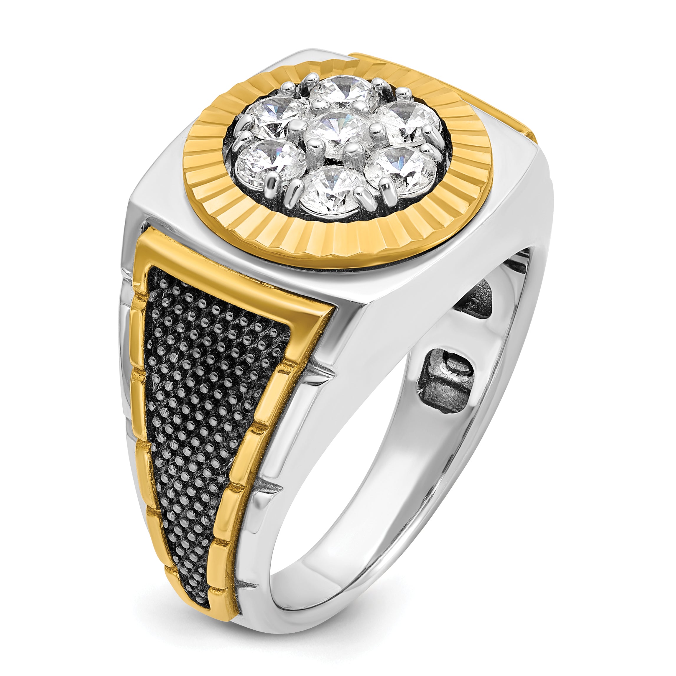 10k Two-tone with Black Rhodium Men's Polished Textured and Diamond-cut 1 Carat A Quality Diamond Round Cluster Ring