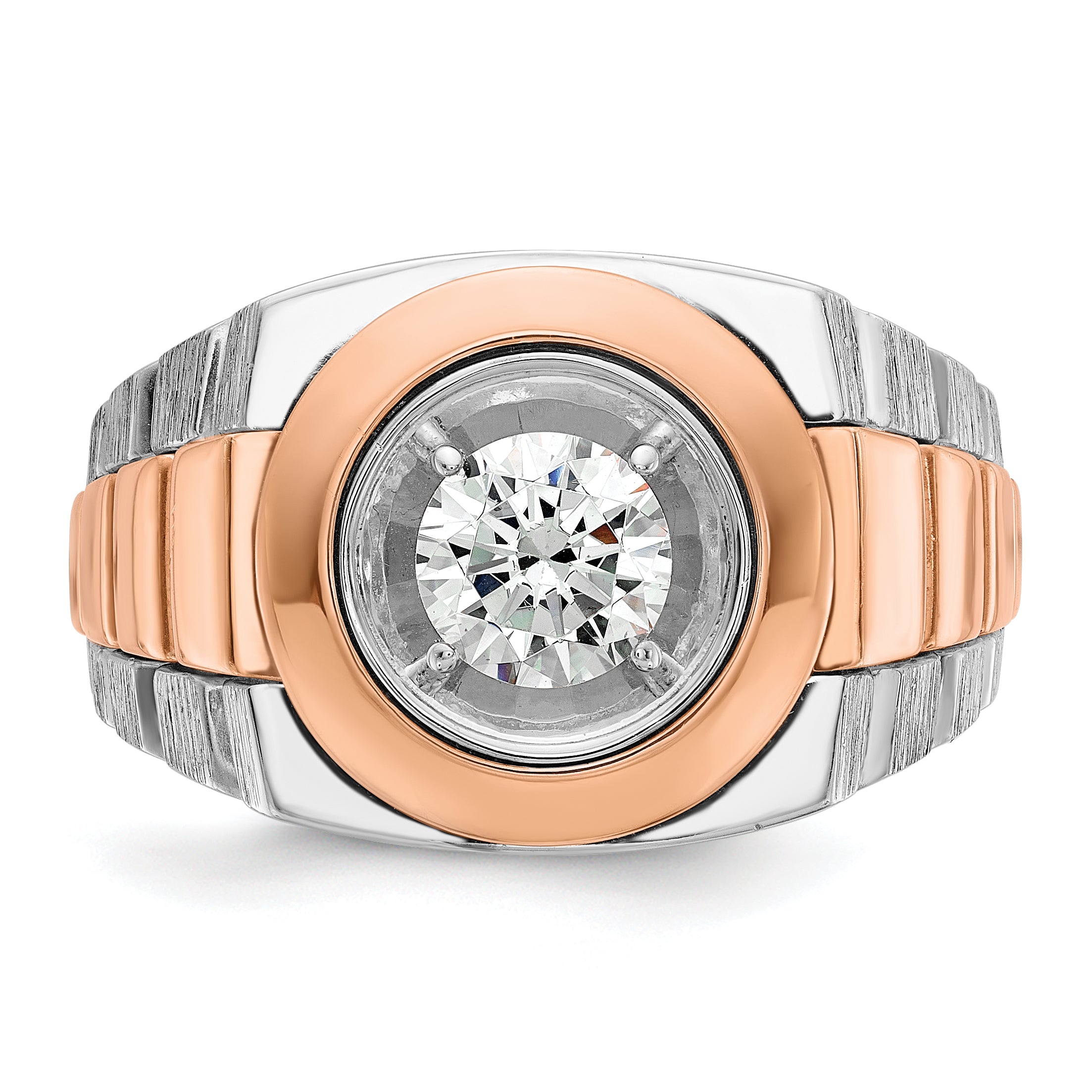 14k White and Rose Gold Men's Polished Satin and Grooved Solitaire Ring Mounting (No Stones Included)