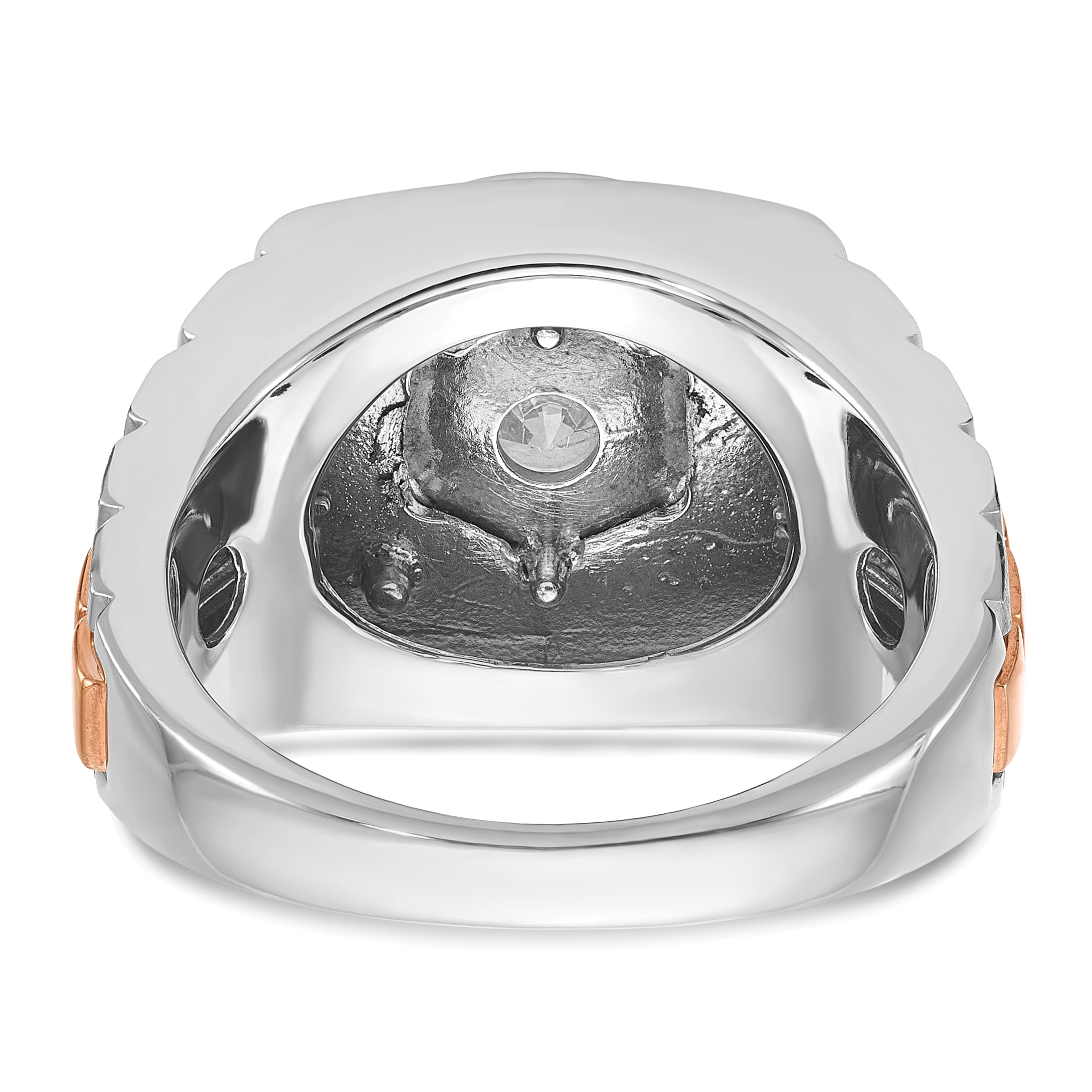 14k White and Rose Gold Men's Polished Satin and Grooved Solitaire Ring Mounting (No Stones Included)