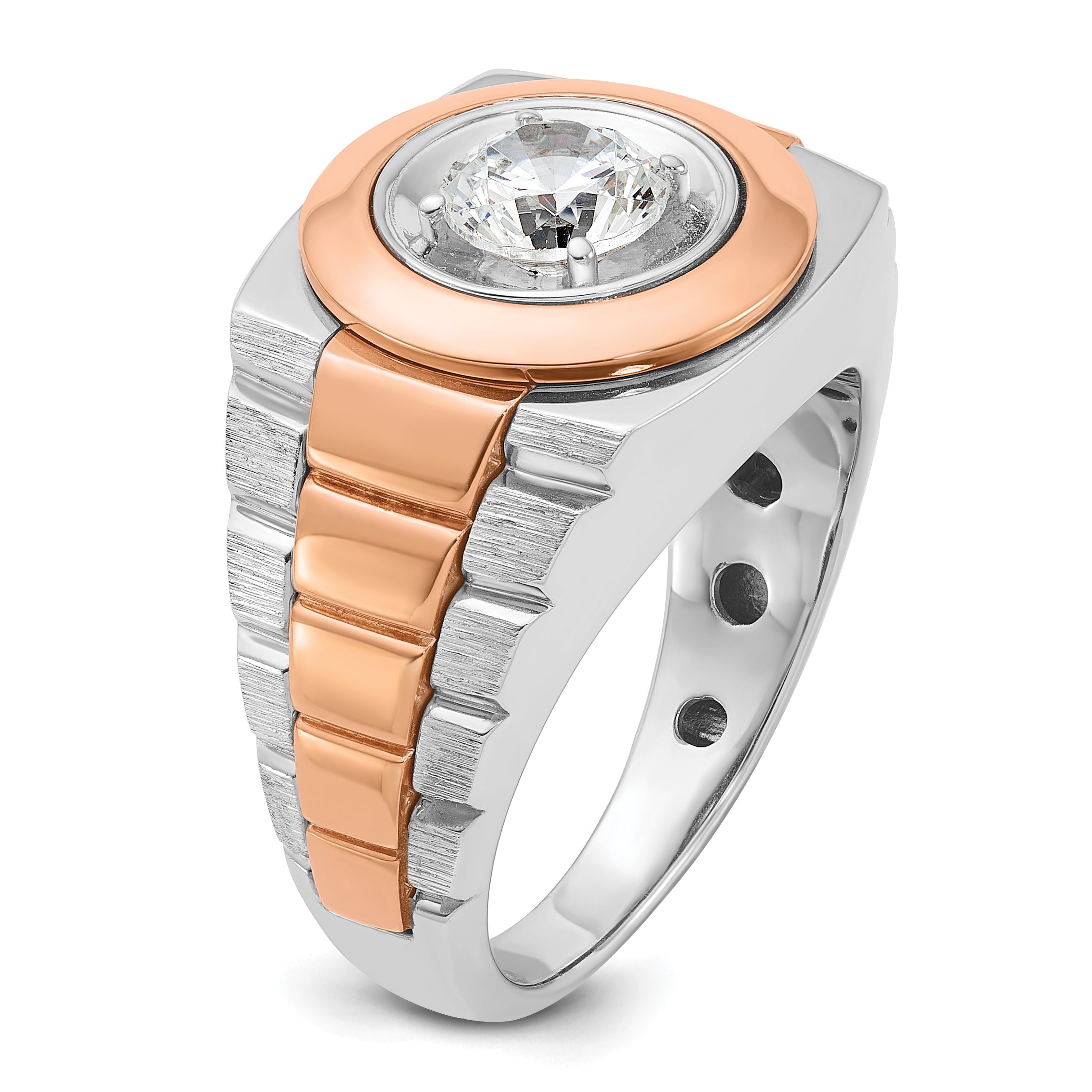 14k White and Rose Gold Men's Polished Satin and Grooved Solitaire Ring Mounting (No Stones Included)