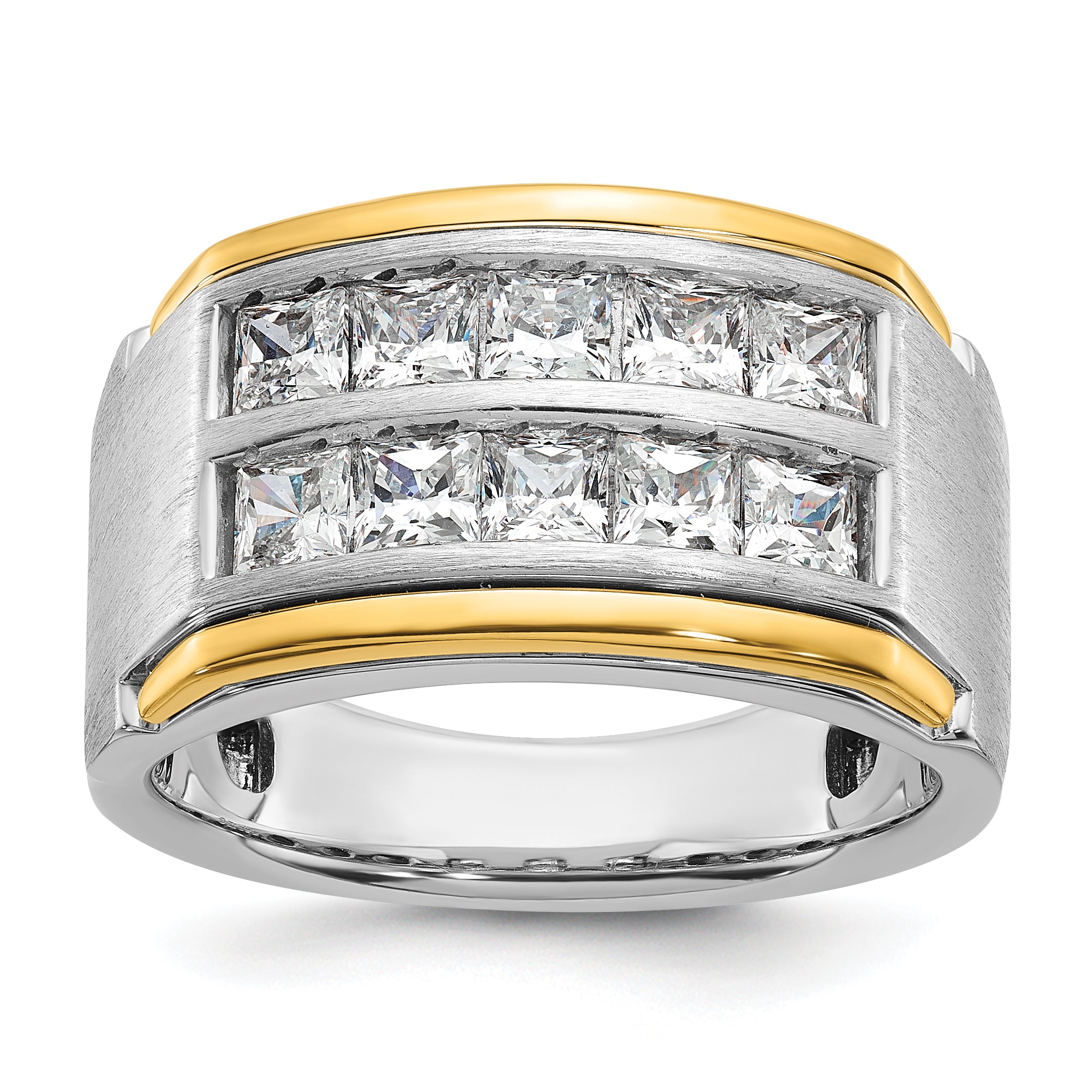 14k Two Tone 2 carat Lab Grown Diamond VS/SI+ G+ Princess Complete Polished and Satin Two Row Men's Ring Main image