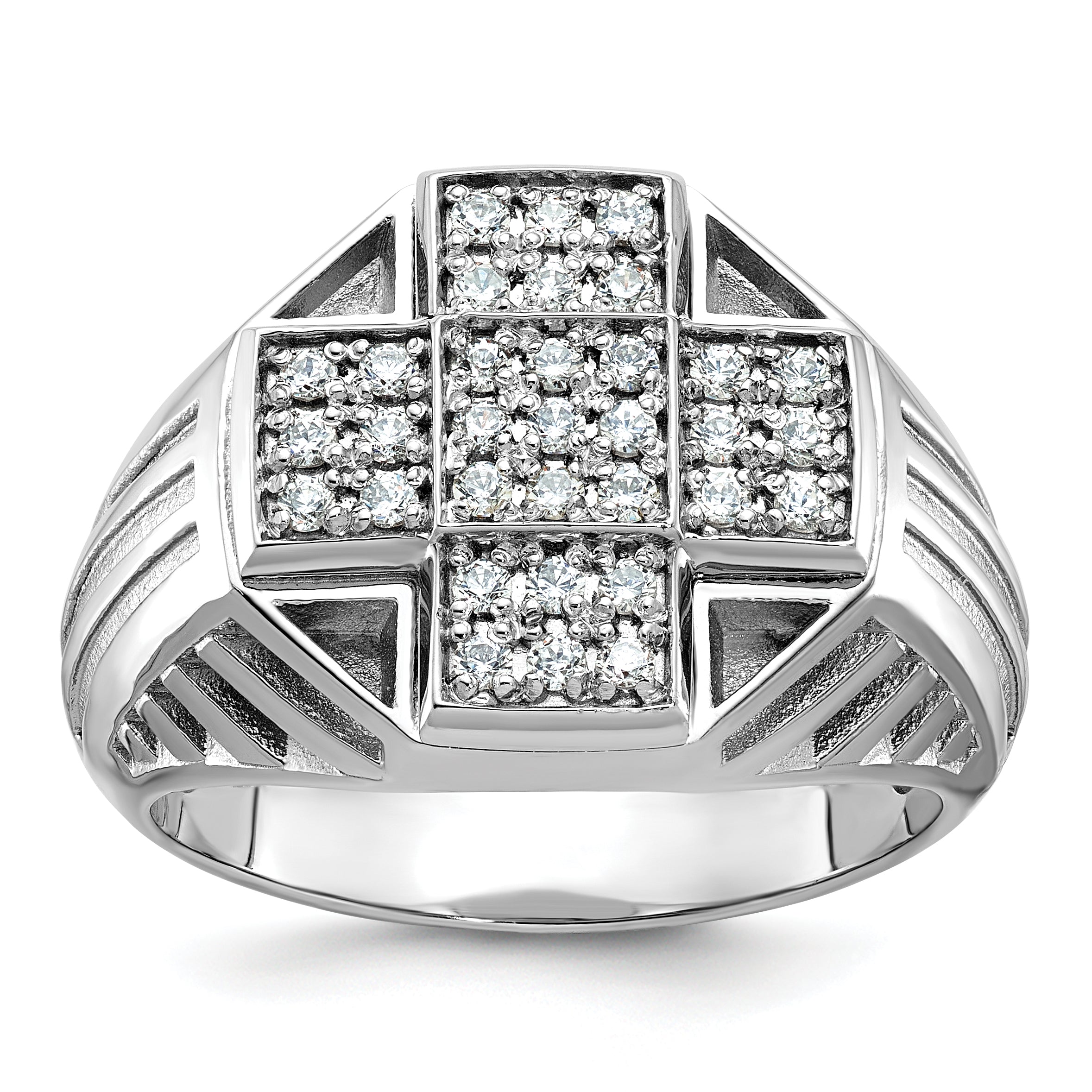 14k White Gold Men's Polished Textured and Grooved Cross Cluster Ring Mounting, Mounting Only - Sophia Jewelers
