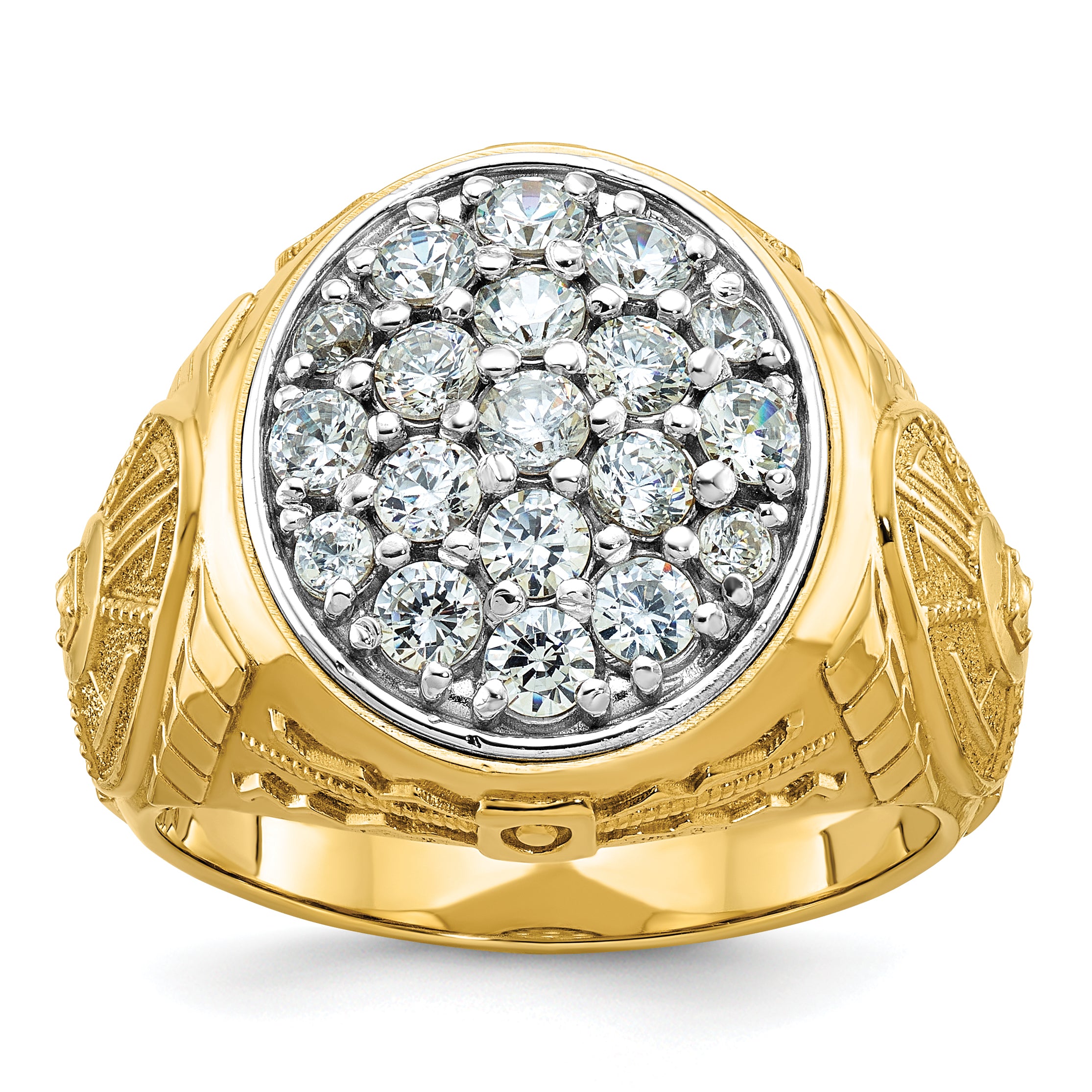 10k Two-tone Men's Polished and Textured 1 5/8 Carat A Quality Diamond Oval Cluster Ring