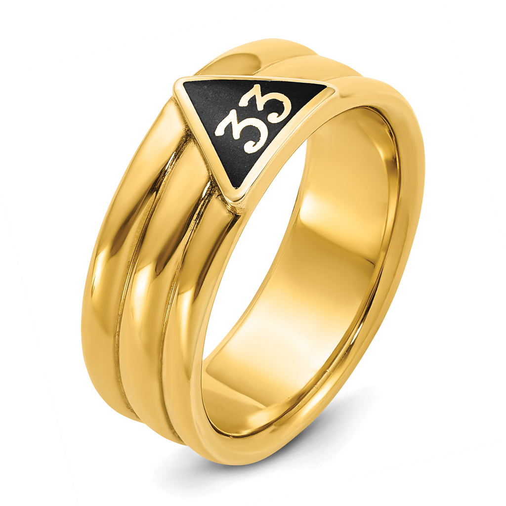 14k Men's Polished and Grooved with Black Enamel Active 33rd Degree Masonic Ring