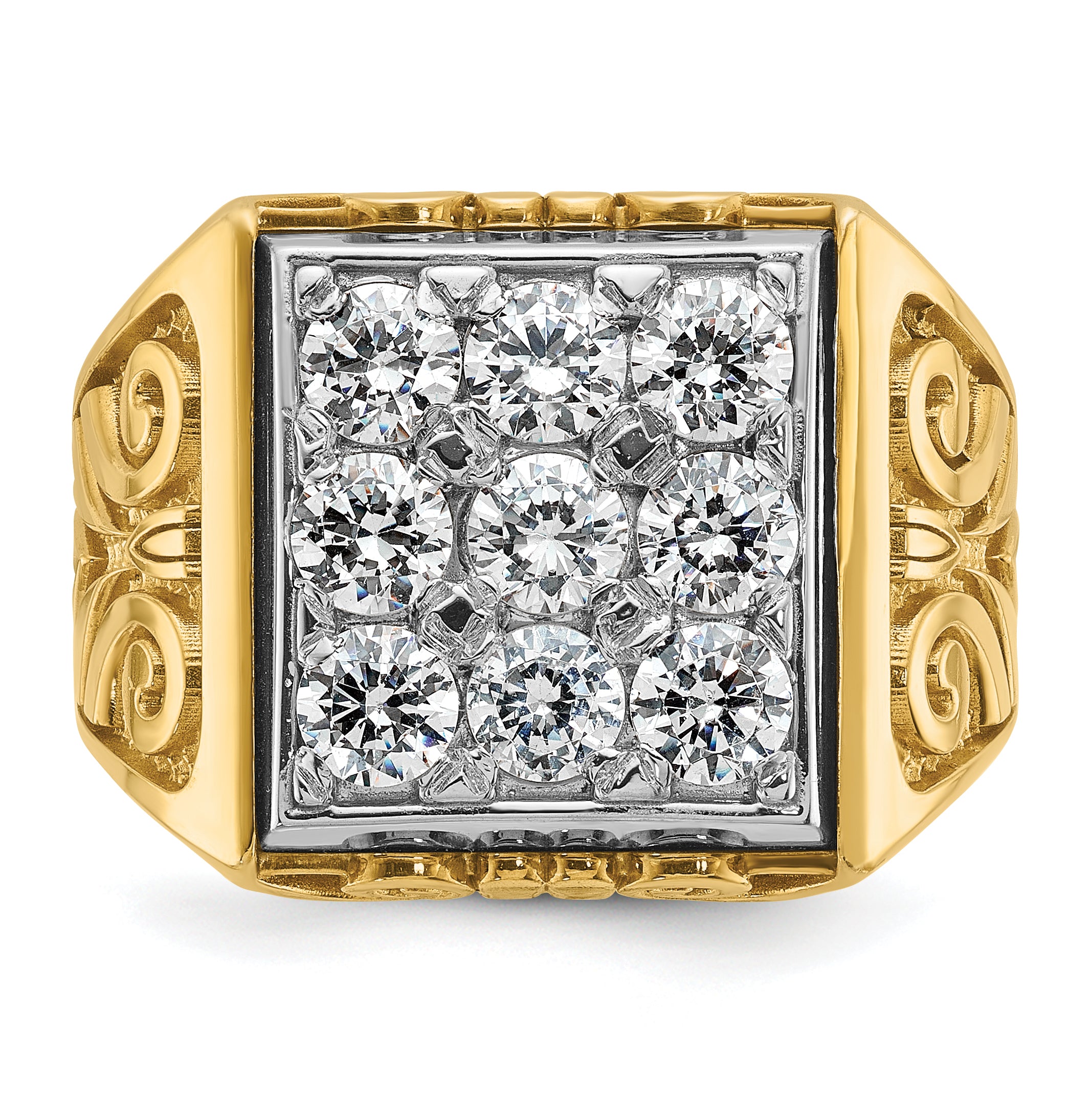 14k Two-tone Men's Polished and Textured Scroll Design Square Cluster Ring Mounting, Mounting Only - Sophia Jewelers