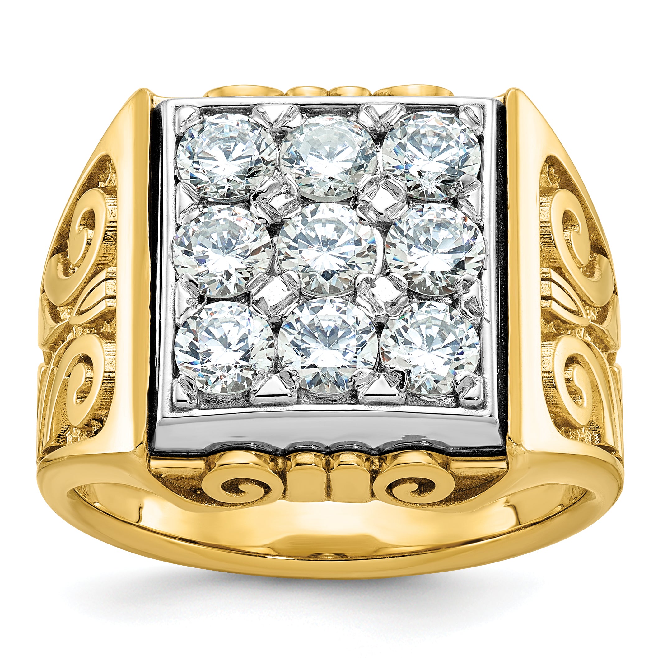 14k Two-tone Men's Polished and Textured Scroll Design 2 Carat AA Quality Diamond Square Cluster Rin - Sophia Jewelers