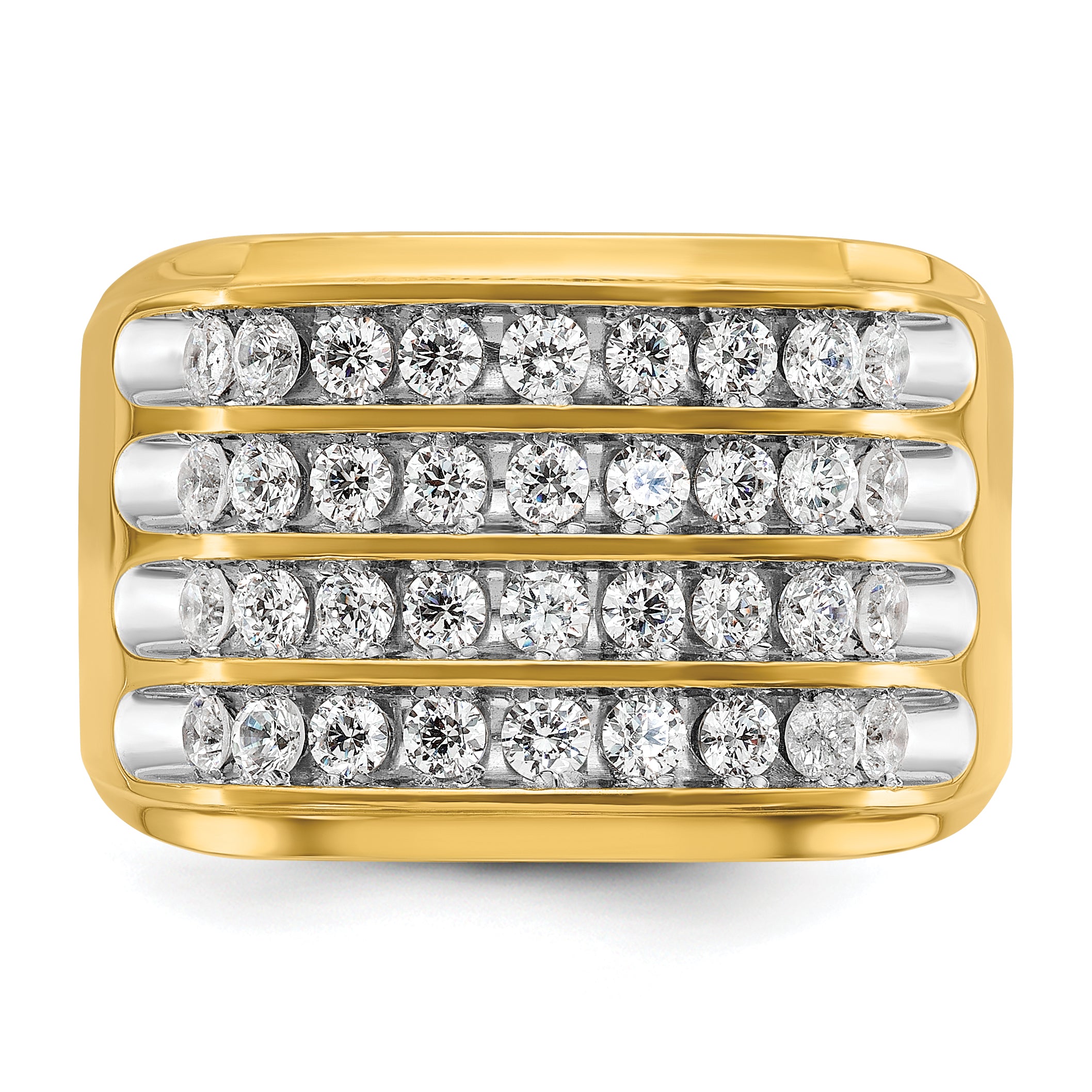 10k with White Rhodium Men's Polished and Grooved 4-Row 1 1/5 Carat A Quality Diamond Ring