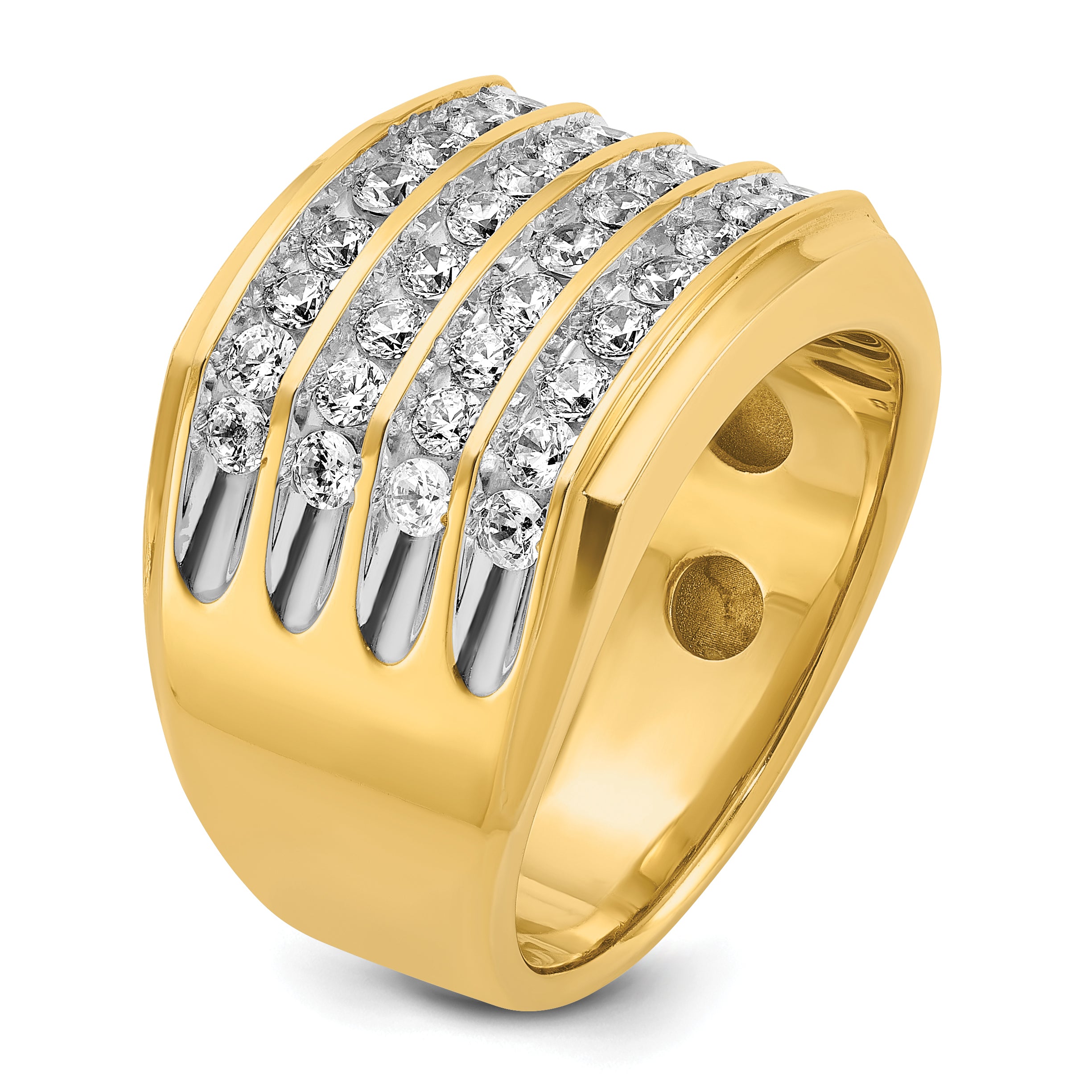 10k with White Rhodium Men's Polished and Grooved 4-Row 1 1/5 Carat A Quality Diamond Ring