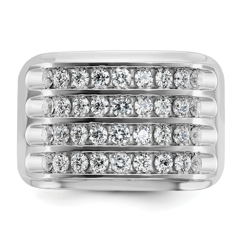 14k White Gold Mens Polished and Grooved 4-Row 1.6 Carat AA Quality Diamond Ring - Sophia Jewelers