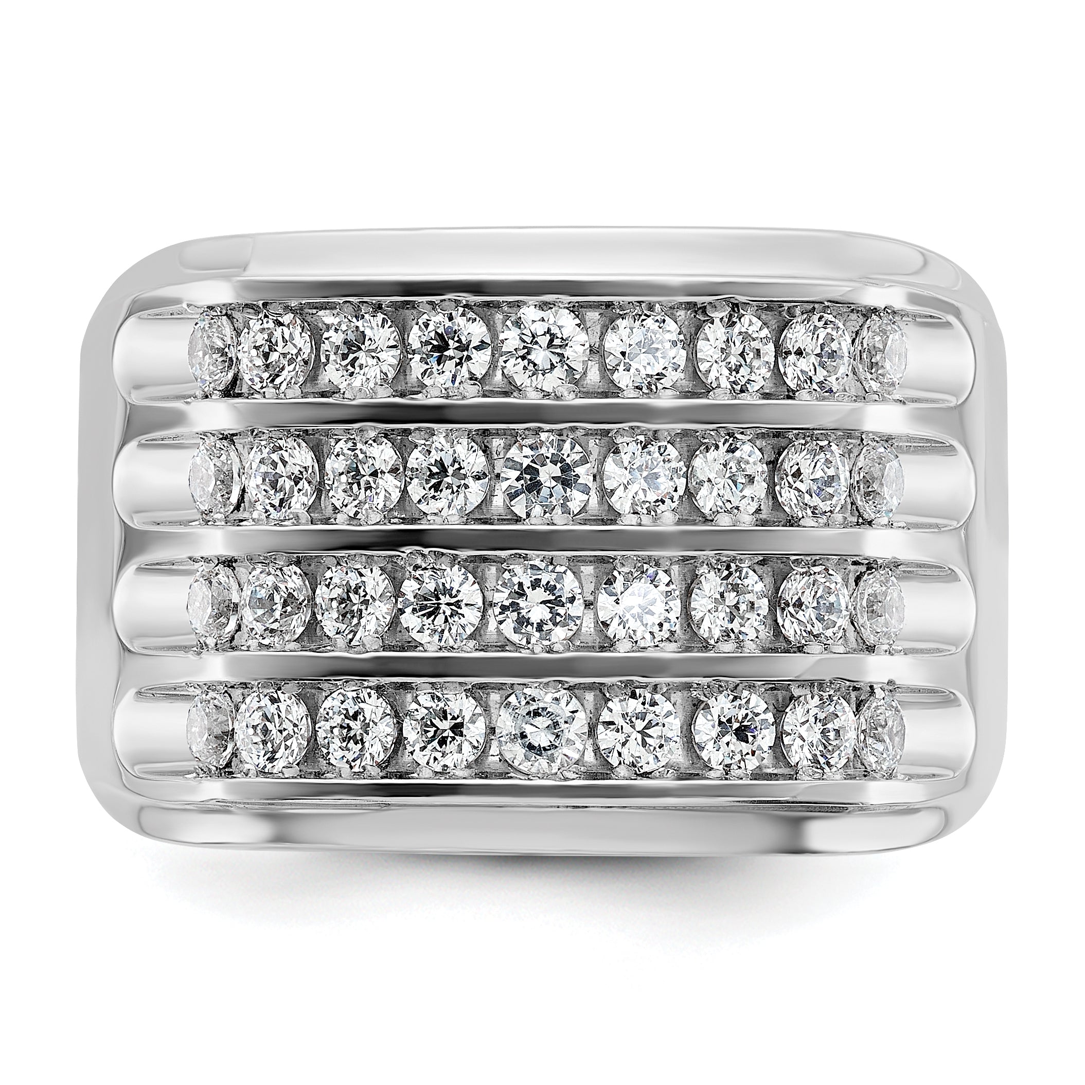 14k White Gold Mens Polished and Grooved 4-Row 1.6 Carat AA Quality Diamond Ring - Sophia Jewelers