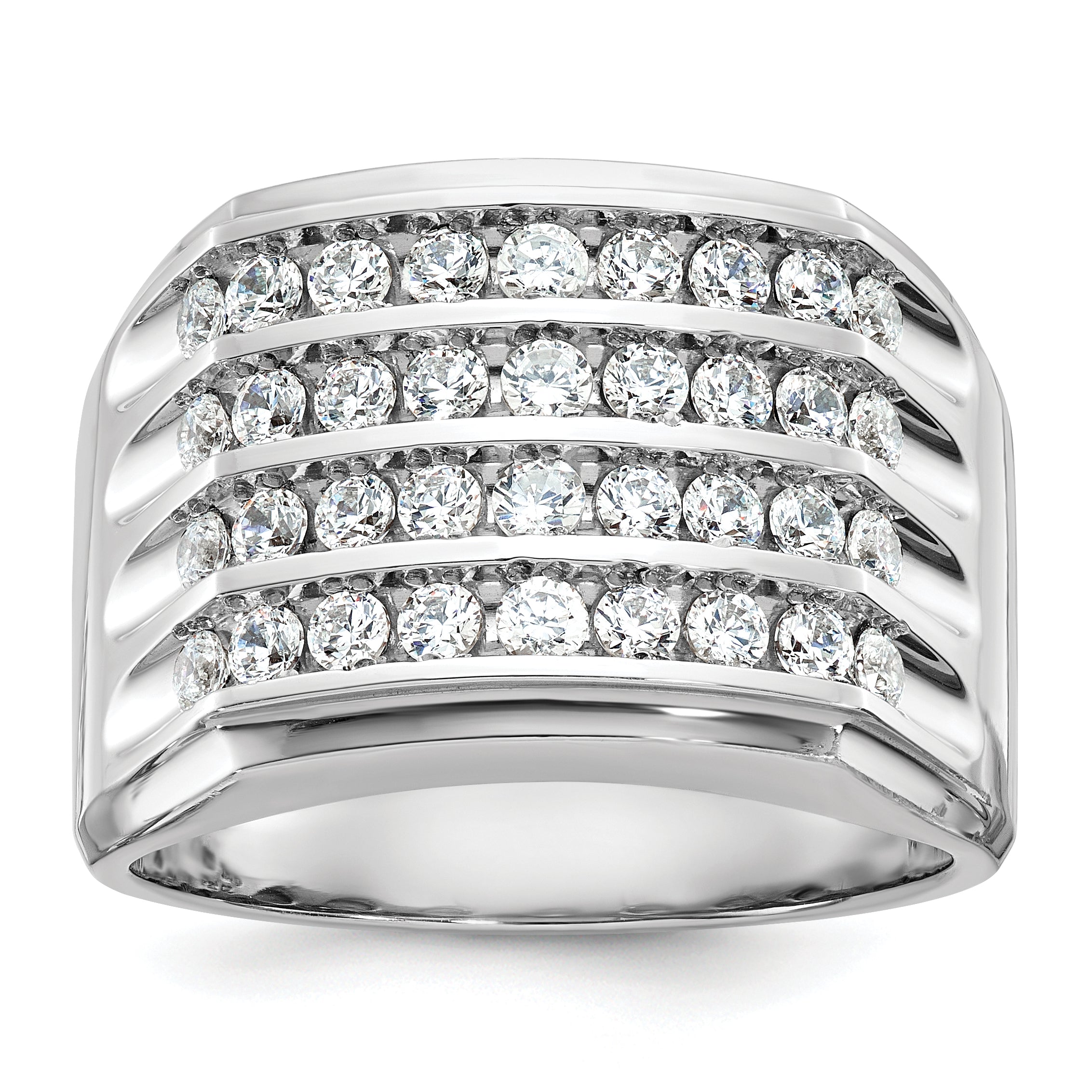 14k White Gold Men's Polished and Grooved 4-Row 1 1/5 Carat Lab Grown Diamond Ring - Sophia Jewelers