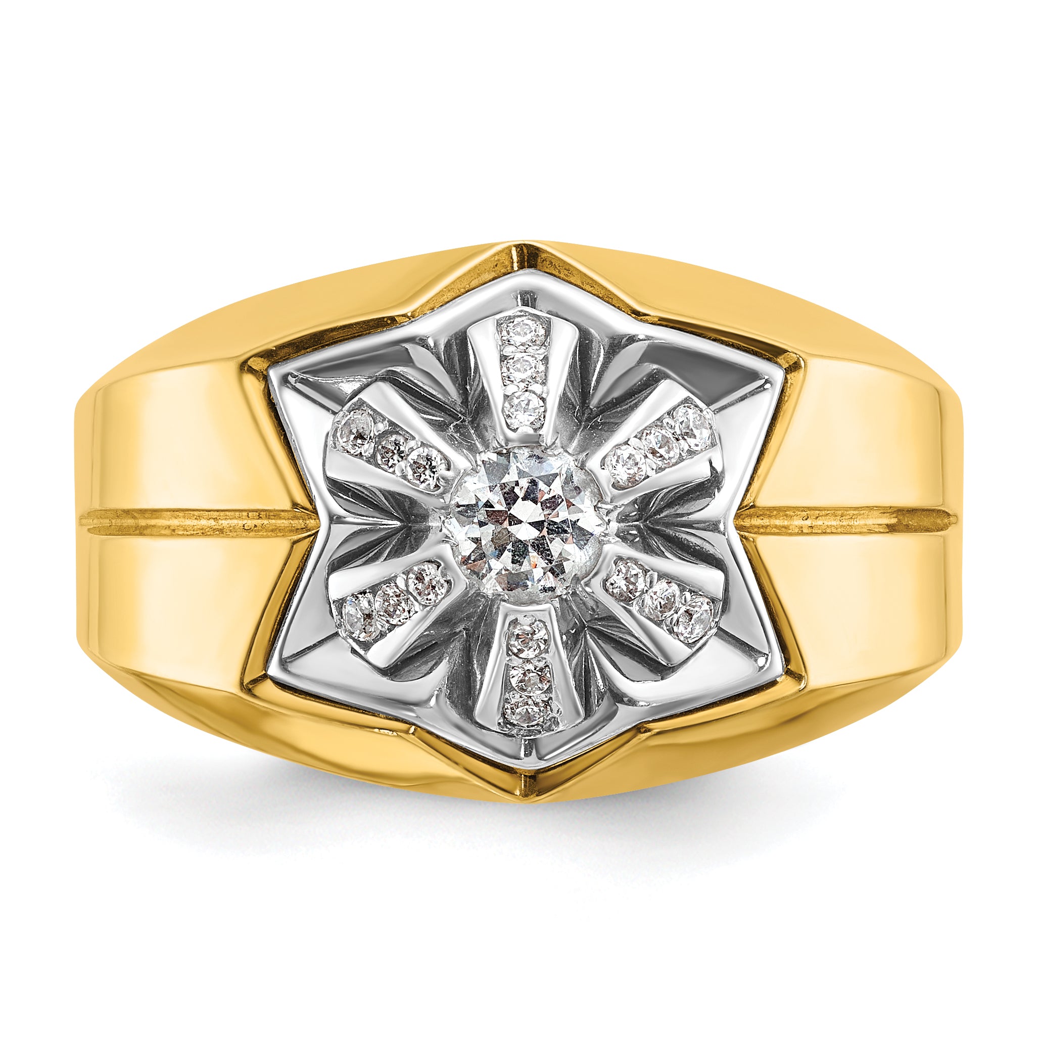 14k Two-tone Men's Polished and Grooved Star Ring Mounting, Mounting Only - Sophia Jewelers