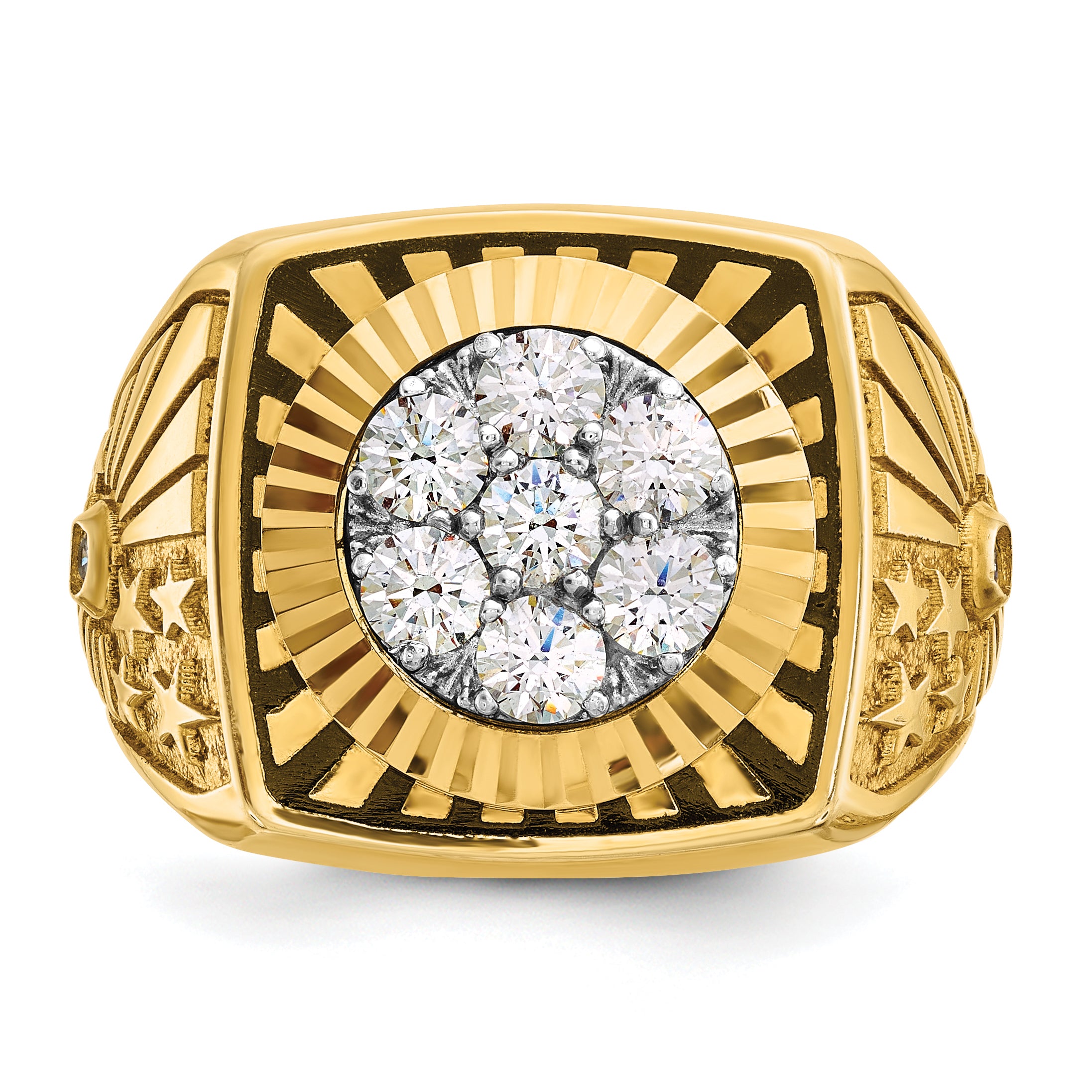 10k Two-tone with Black Enamel Men's Polished Textured and Diamond-cut 1 Carat A Quality Diamond Stars and Stripes Round Cluster Ring