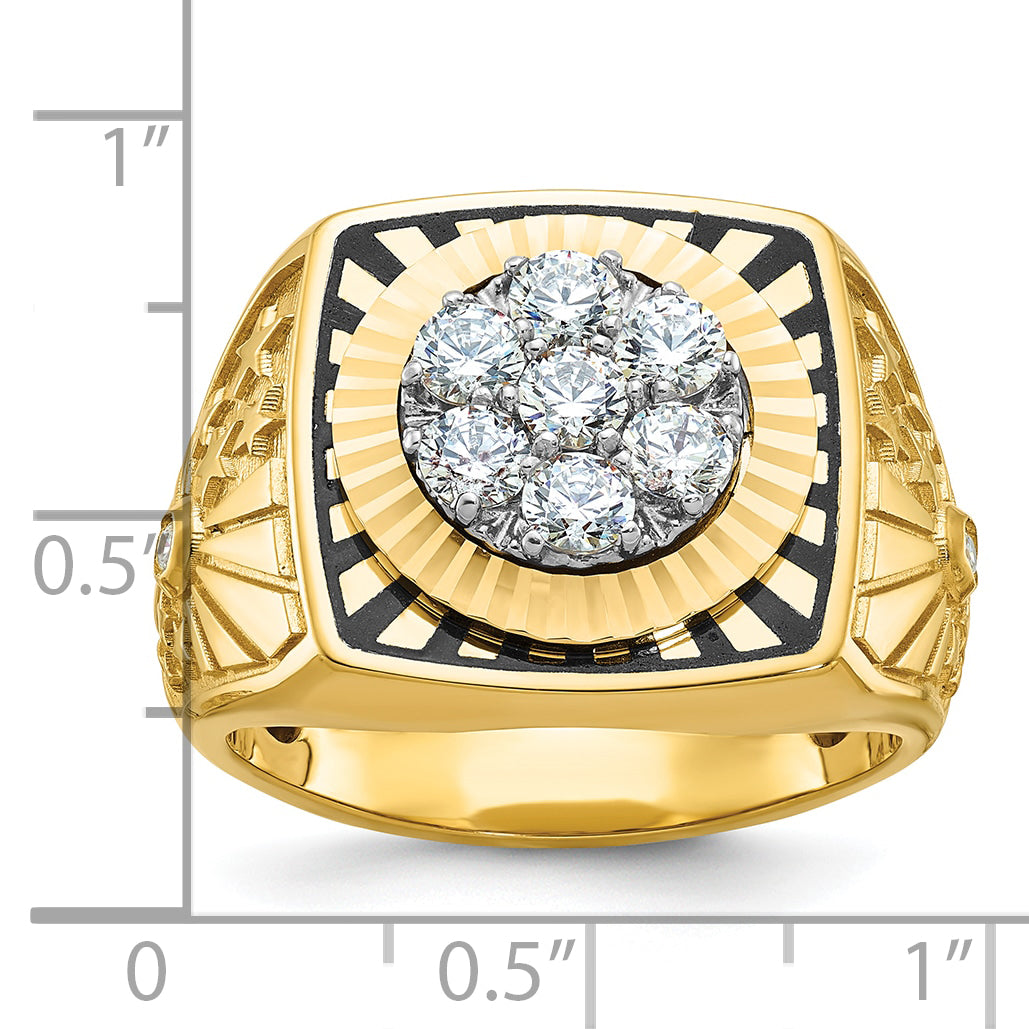 10k Two-tone with Black Enamel Men's Polished Textured and Diamond-cut 1 Carat A Quality Diamond Stars and Stripes Round Cluster Ring