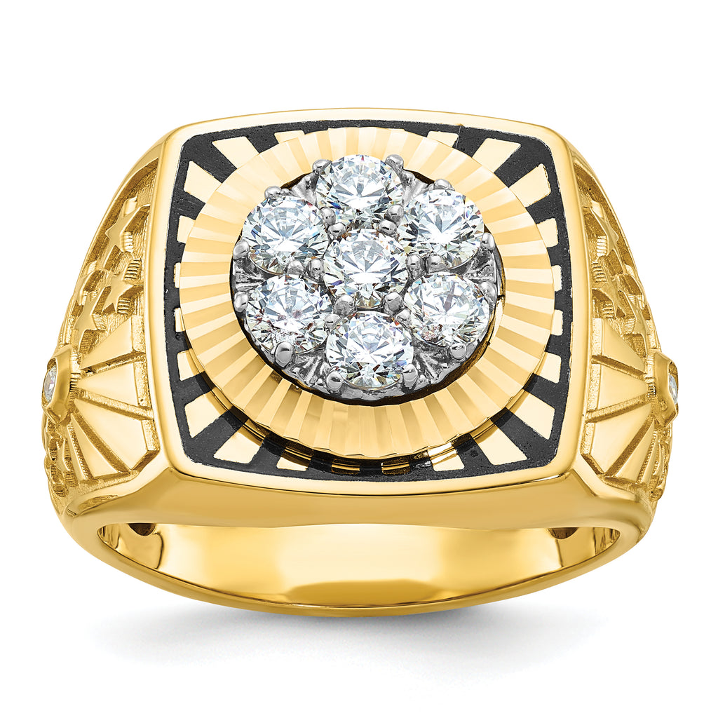 10k Two-tone with Black Enamel Men's Polished Textured and Diamond-cut 1 Carat A Quality Diamond Stars and Stripes Round Cluster Ring