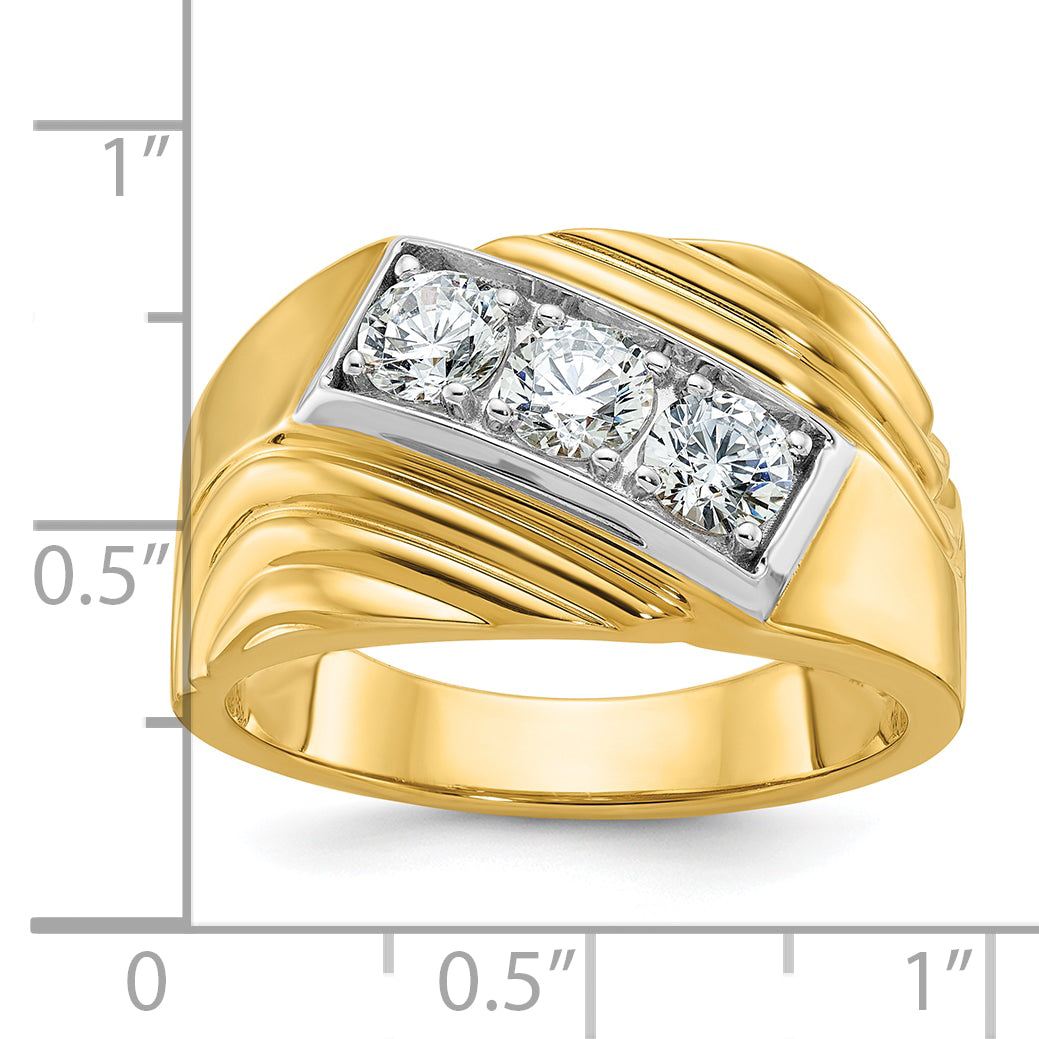 14k with White Rhodium Men's Polished and Grooved 3-Stone 1 Carat AA Quality Diamond Ring - Sophia Jewelers