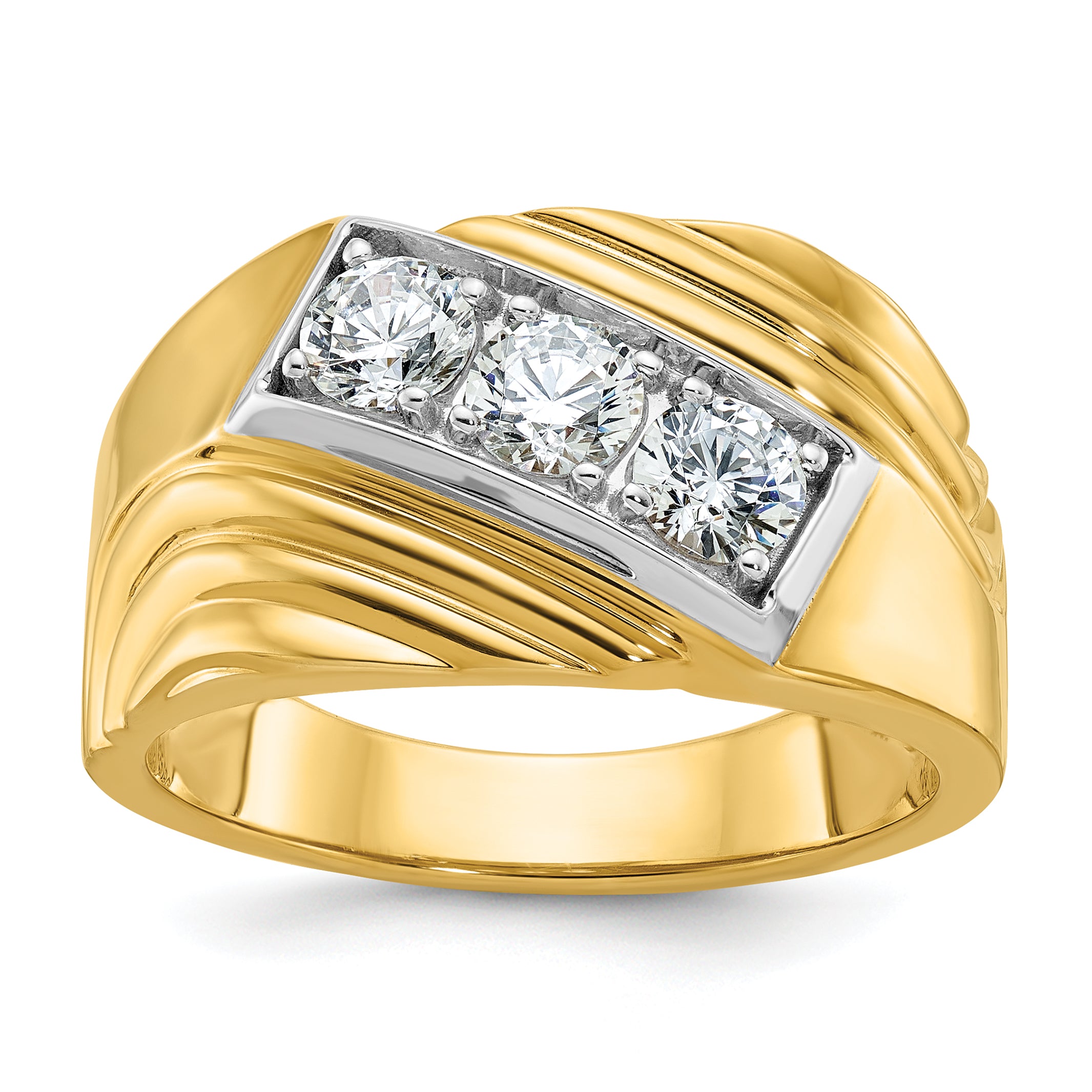 14k Mens Polished and Grooved 3-Stone Ring Mounting, Mounting Only - Sophia Jewelers