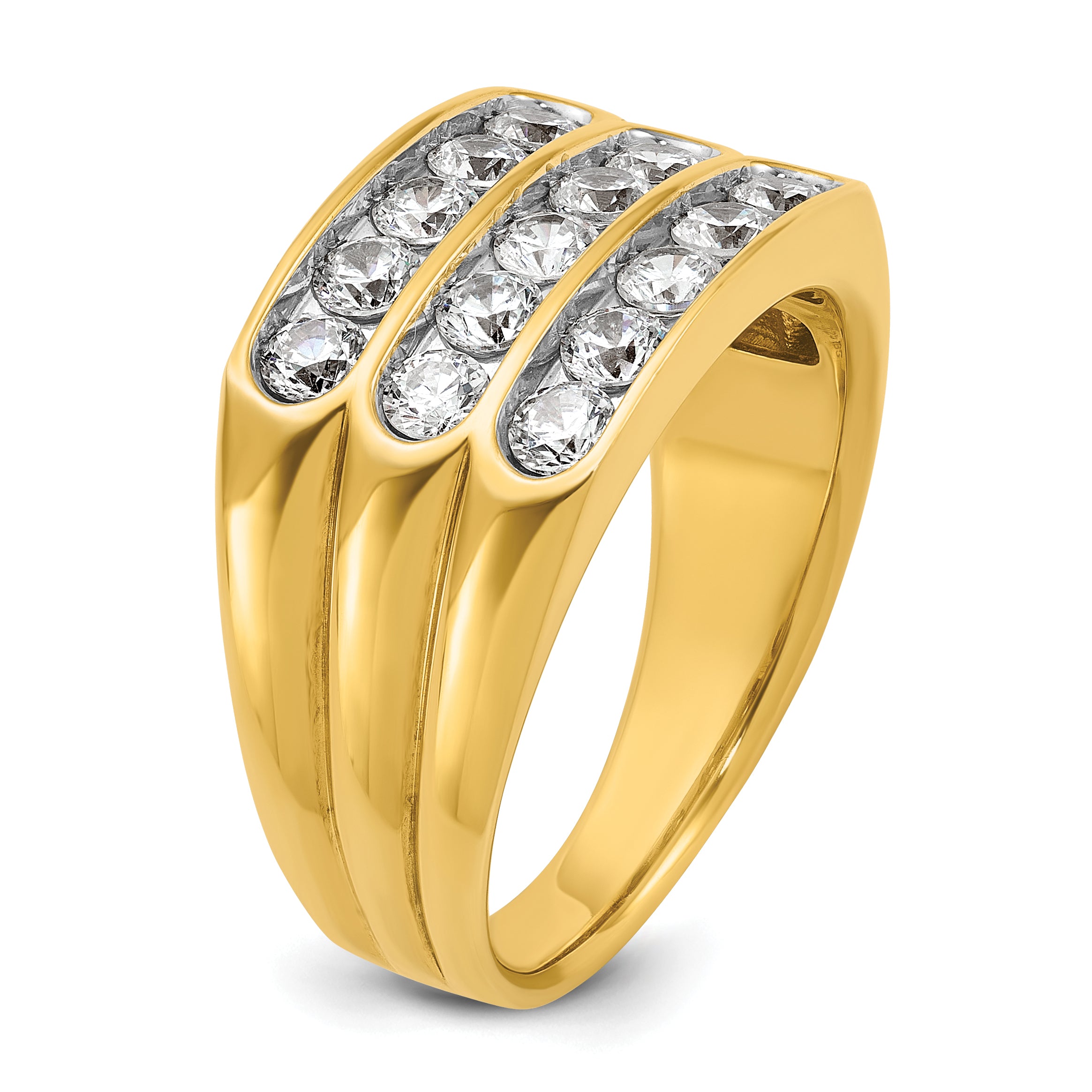 14k Men's Polished and Grooved 3-Row 1.65 Carat AA Quality Diamond Ring - Sophia Jewelers
