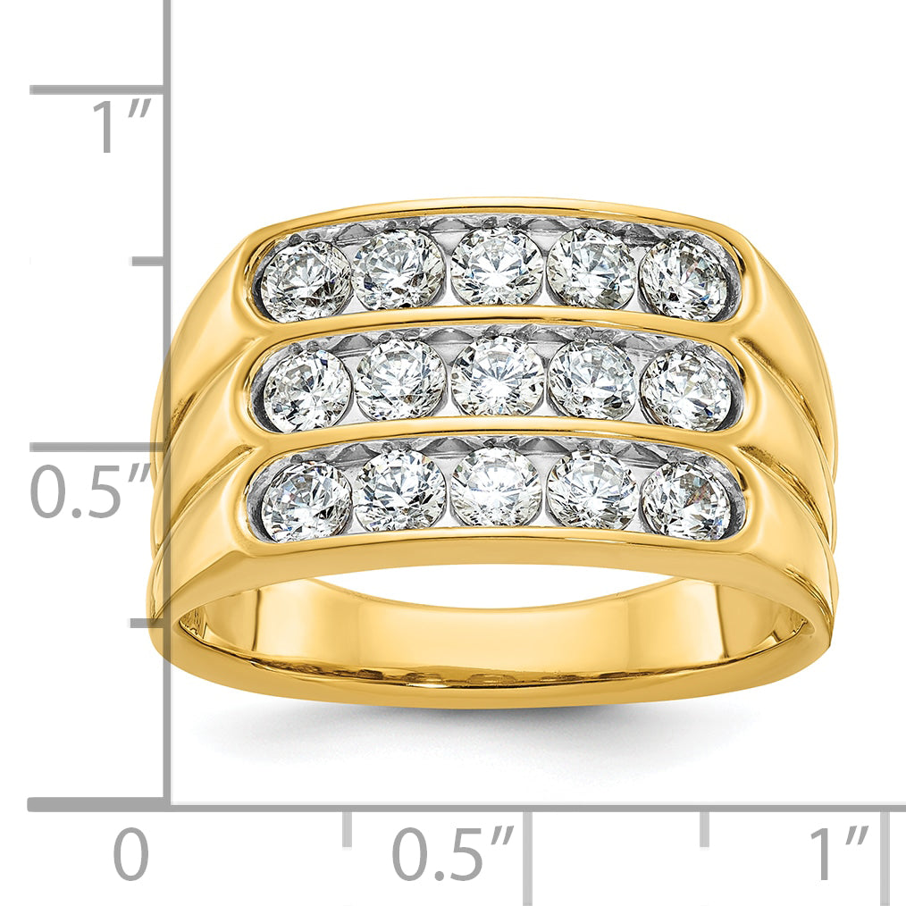 14k Men's Polished and Grooved 3-Row 1.65 Carat AA Quality Diamond Ring Secondary image
