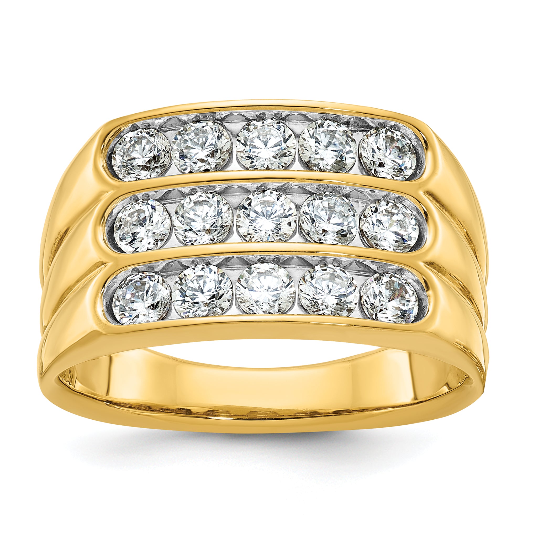 14k Men's Polished and Grooved 3-Row 1.65 Carat AA Quality Diamond Ring - Sophia Jewelers
