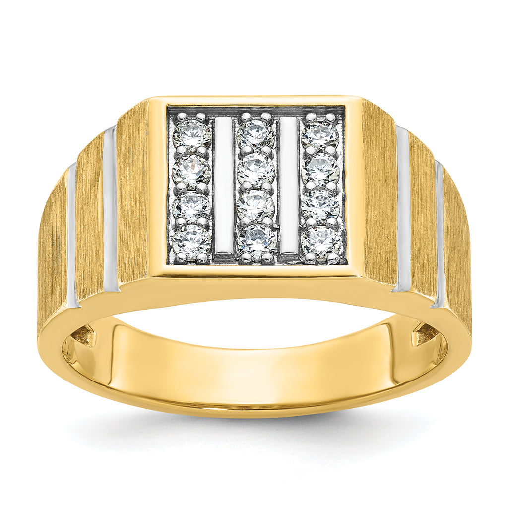 14k with White Rhodium Men's Polished Satin and Grooved 3-Row 1/3 Carat AA Quality Diamond Ring - Sophia Jewelers
