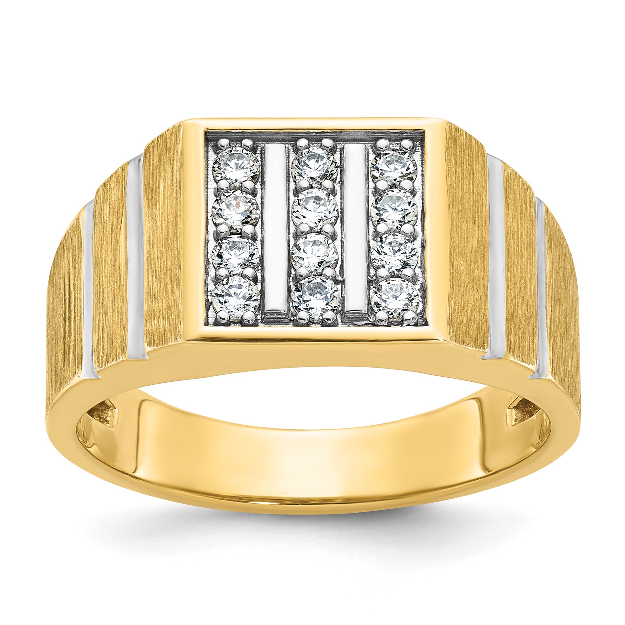 14k with White Rhodium Men's Polished Satin and Grooved 3-Row 1/3 Carat AA Quality Diamond Ring - Sophia Jewelers