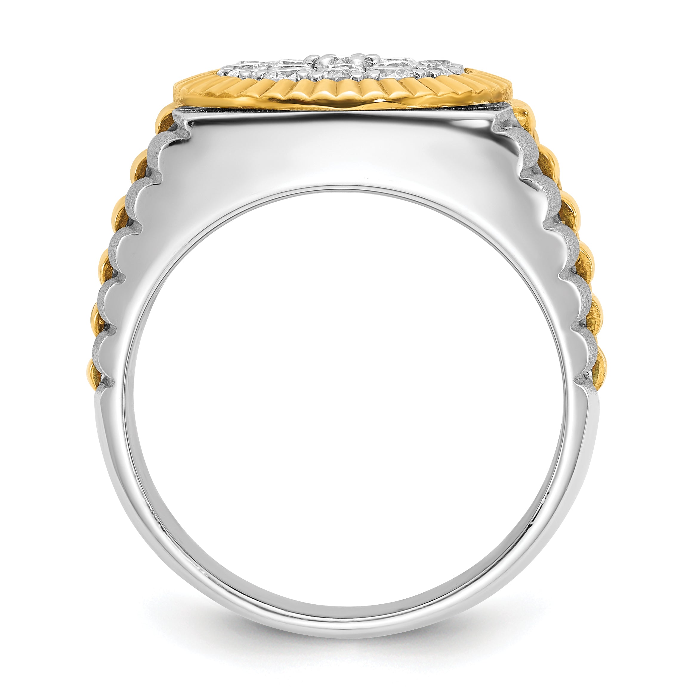 14k Two-tone Men's Polished Satin and Ribbed 1 1/8 Carat A Quality Diamond Round Cluster Ring Secondary image