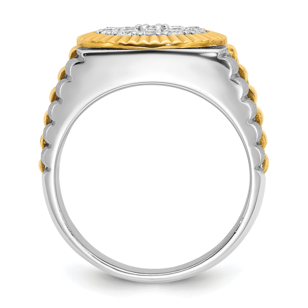 14k Two-tone Men's Polished Satin and Ribbed 1 1/8 Carat A Quality Diamond Round Cluster Ring