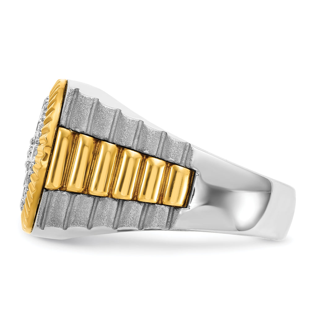 14k Two-tone Men's Polished Satin and Ribbed 1 1/8 Carat A Quality Diamond Round Cluster Ring