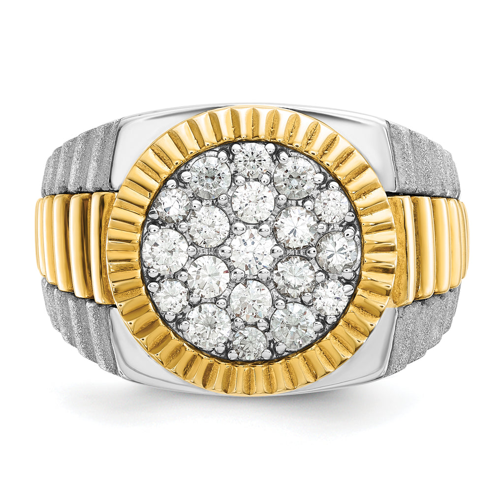 14k Two-tone Men's Polished Satin and Ribbed 1 1/8 Carat A Quality Diamond Round Cluster Ring