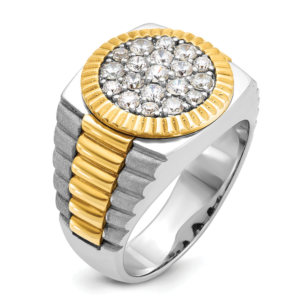 14k Two-tone Men's Polished Satin and Ribbed 1 1/8 Carat A Quality Diamond Round Cluster Ring
