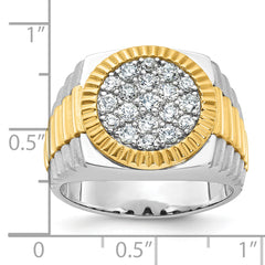 14k Two-tone Men's Polished Satin and Ribbed 1 1/8 Carat A Quality Diamond Round Cluster Ring
