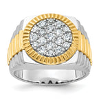14k Two-tone Men's Polished Satin and Ribbed 1 1/8 Carat A Quality Diamond Round Cluster Ring