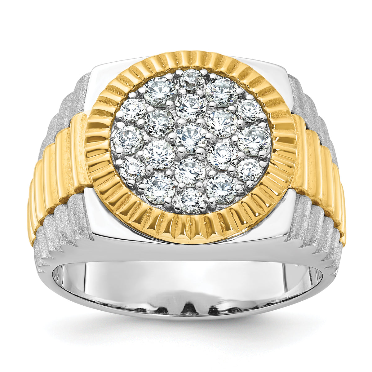 14k Two-tone Men's Polished Satin and Ribbed 1 1/8 Carat A Quality Diamond Round Cluster Ring