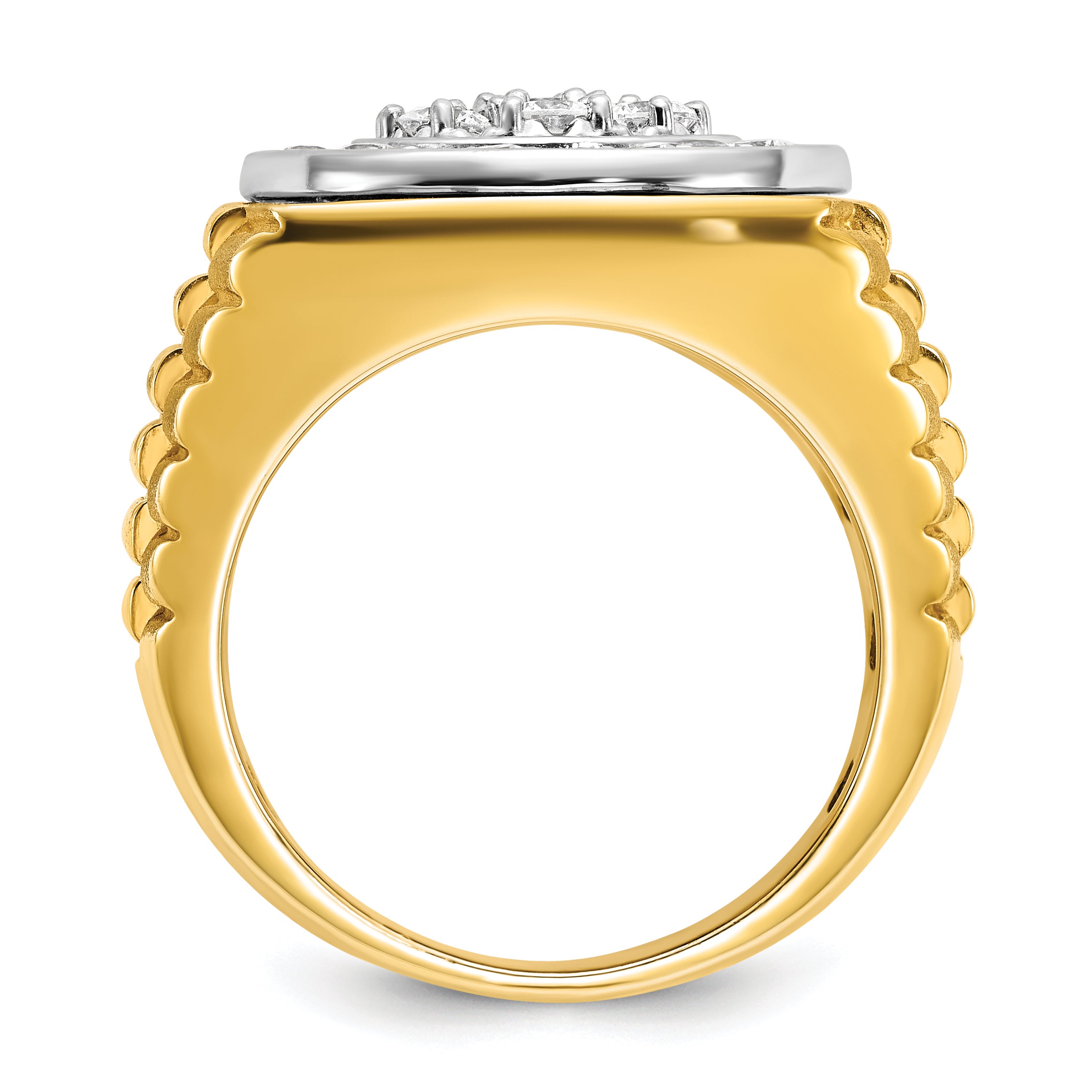14k Two-tone Mens Polished Satin and Ribbed 2 Carat AA Diamond Round Cluster Halo Ring Secondary image