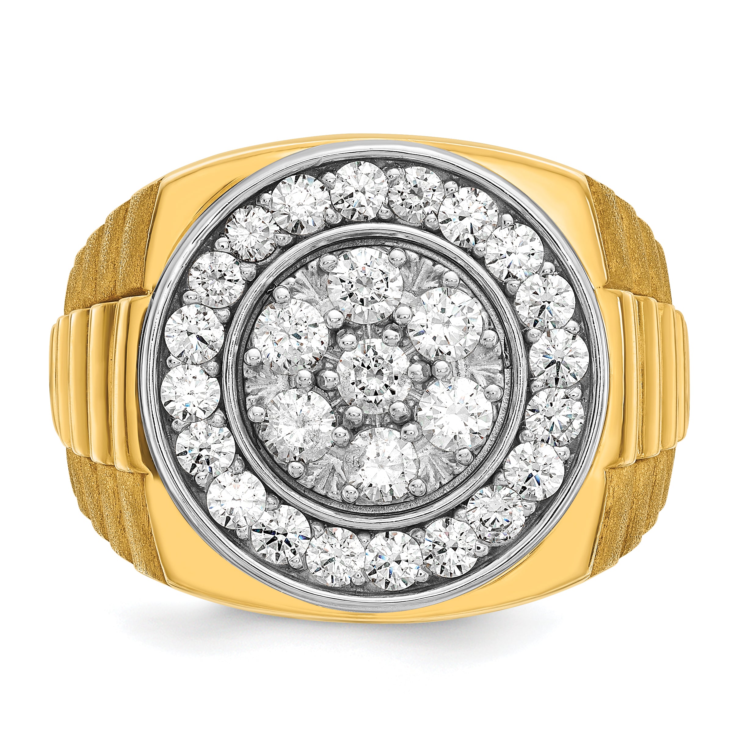 14k Two-tone Mens Polished Satin and Ribbed 2 Carat AA Diamond Round Cluster Halo Ring - Sophia Jewelers
