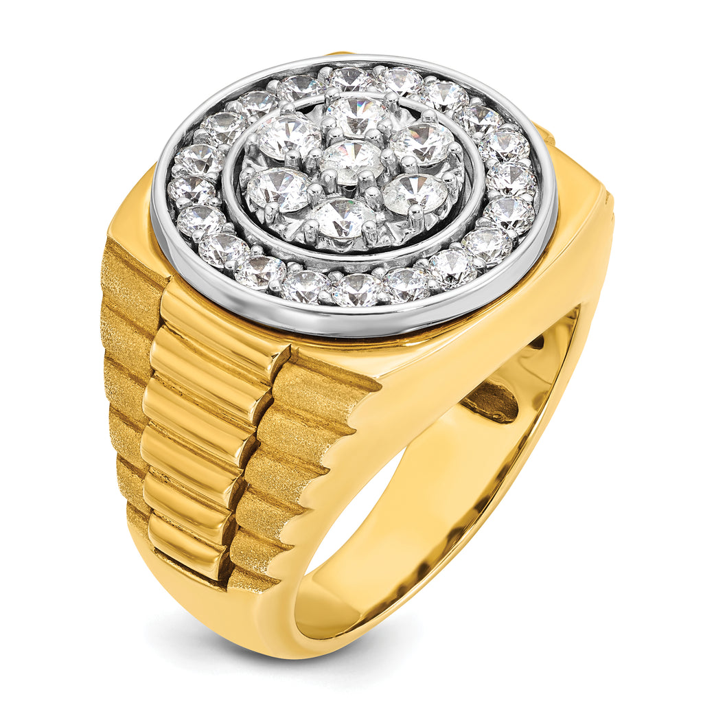 14k Two-tone Mens Polished Satin and Ribbed Round Cluster Halo Ring Mounting, Mounting Only - Sophia Jewelers